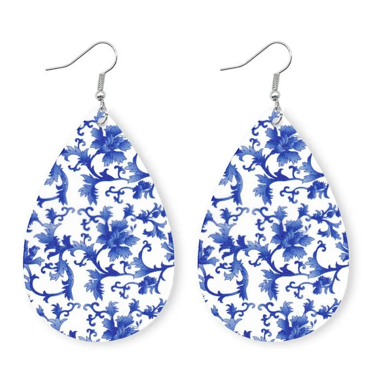 Blue Printed Vegan Leather Teardrop Earrings