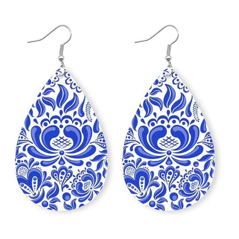 Blue Printed Vegan Leather Teardrop Earrings