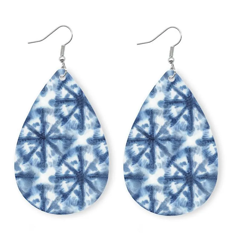 Blue Printed Vegan Leather Teardrop Earrings