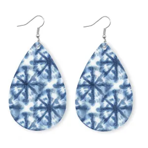Blue Printed Vegan Leather Teardrop Earrings