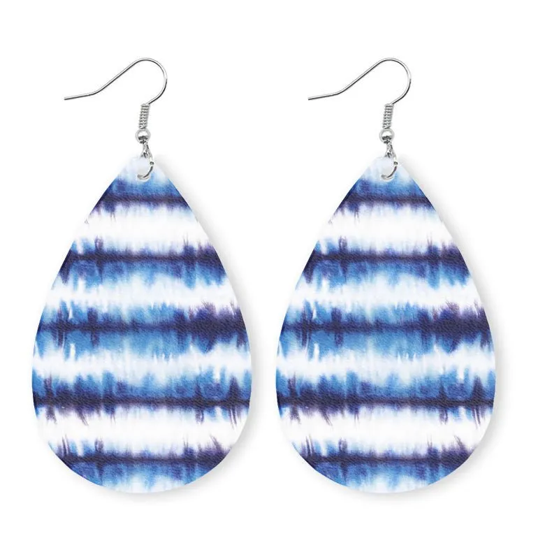 Blue Printed Vegan Leather Teardrop Earrings