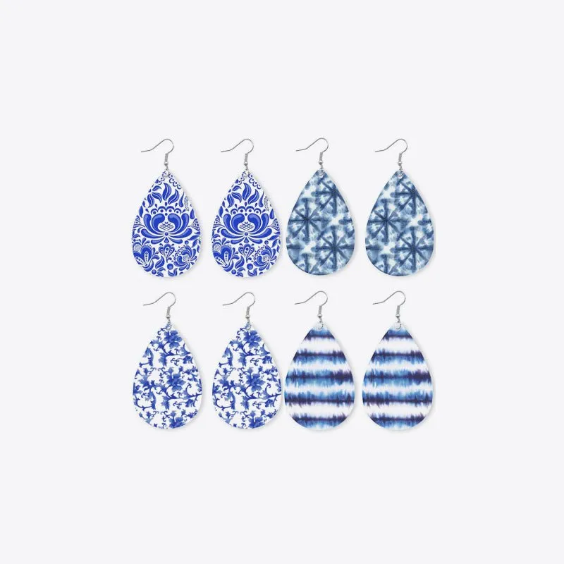 Blue Printed Vegan Leather Teardrop Earrings