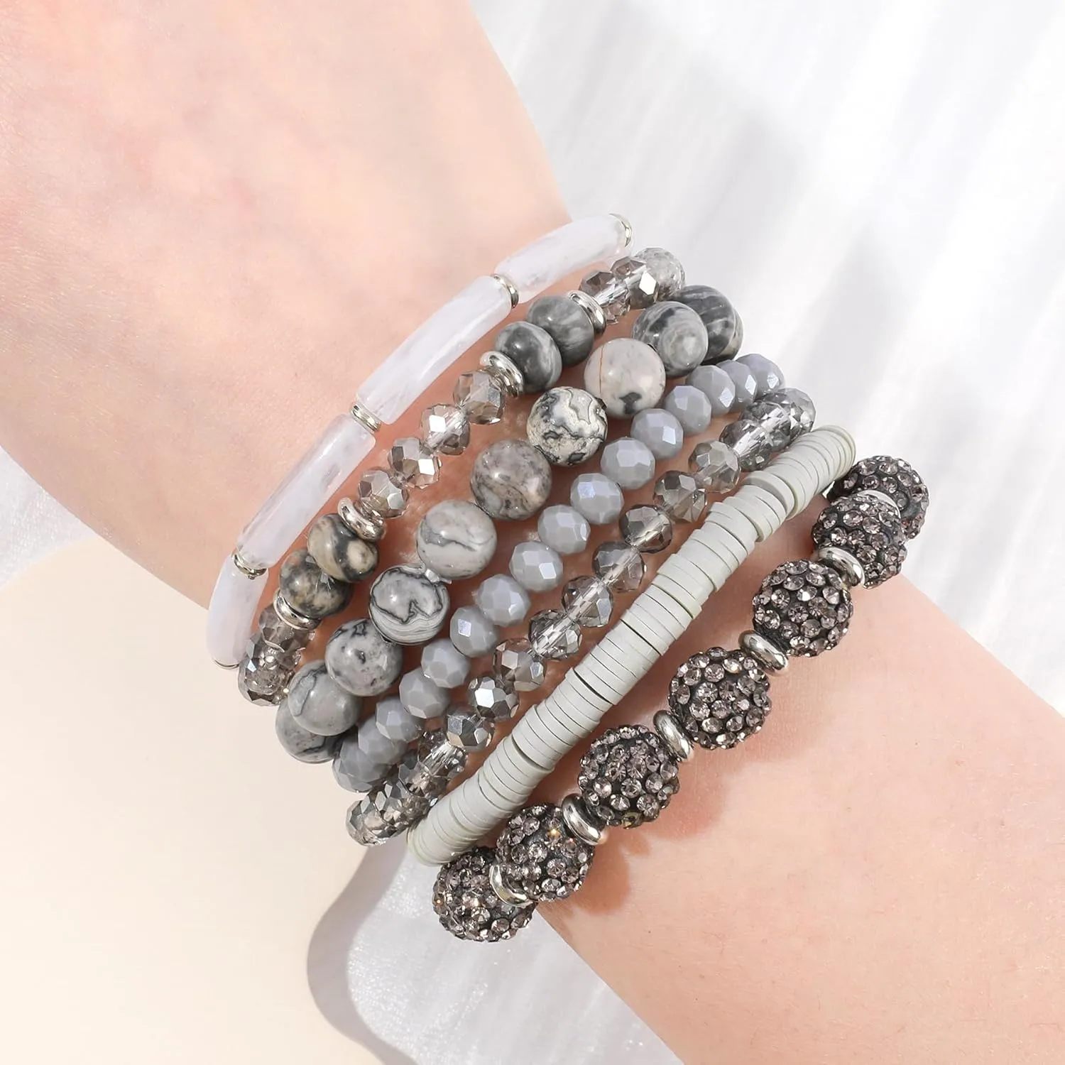 Bohemian Colorful Beaded Bracelets for Women Boho Stackable Natural Stone Letter Clay Glass Beads Stretch Bracelet Set with Charm, Cute Rainbow Friendship Bracelets for Summer Vacation
