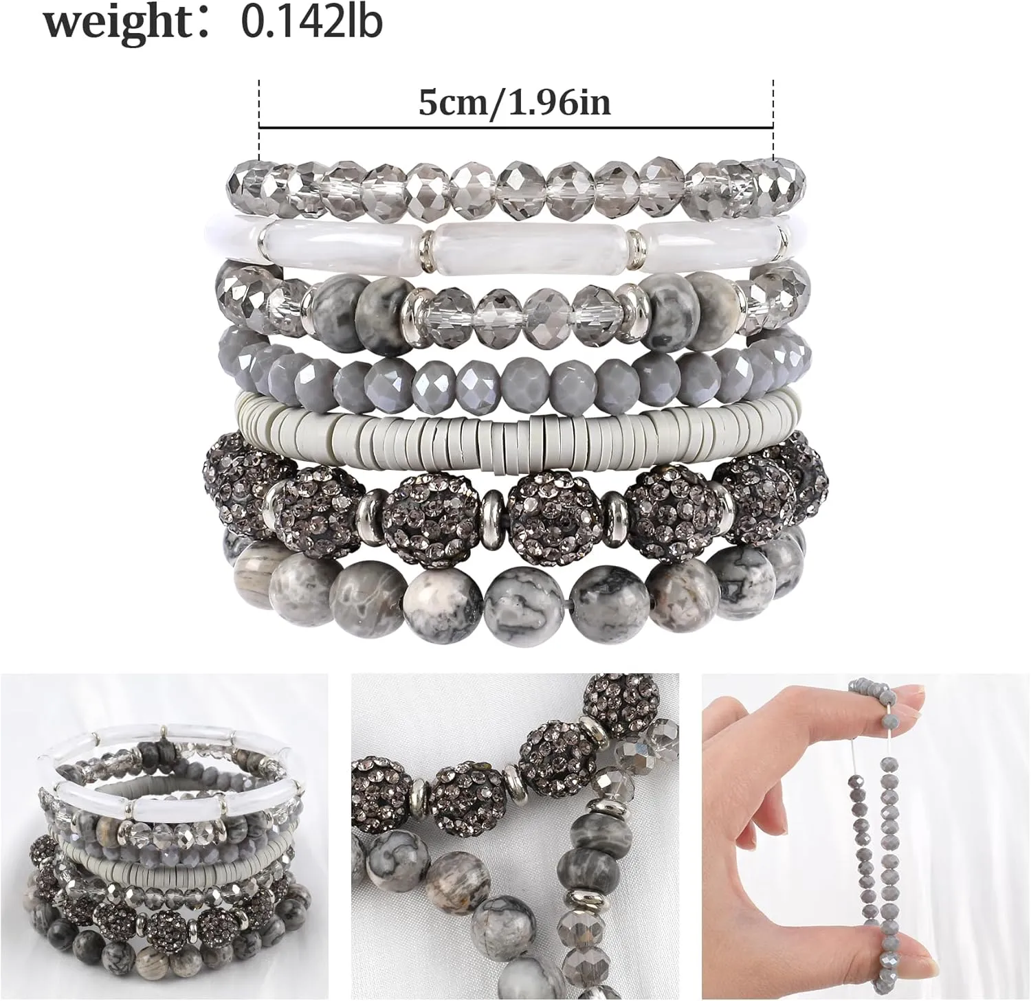 Bohemian Colorful Beaded Bracelets for Women Boho Stackable Natural Stone Letter Clay Glass Beads Stretch Bracelet Set with Charm, Cute Rainbow Friendship Bracelets for Summer Vacation