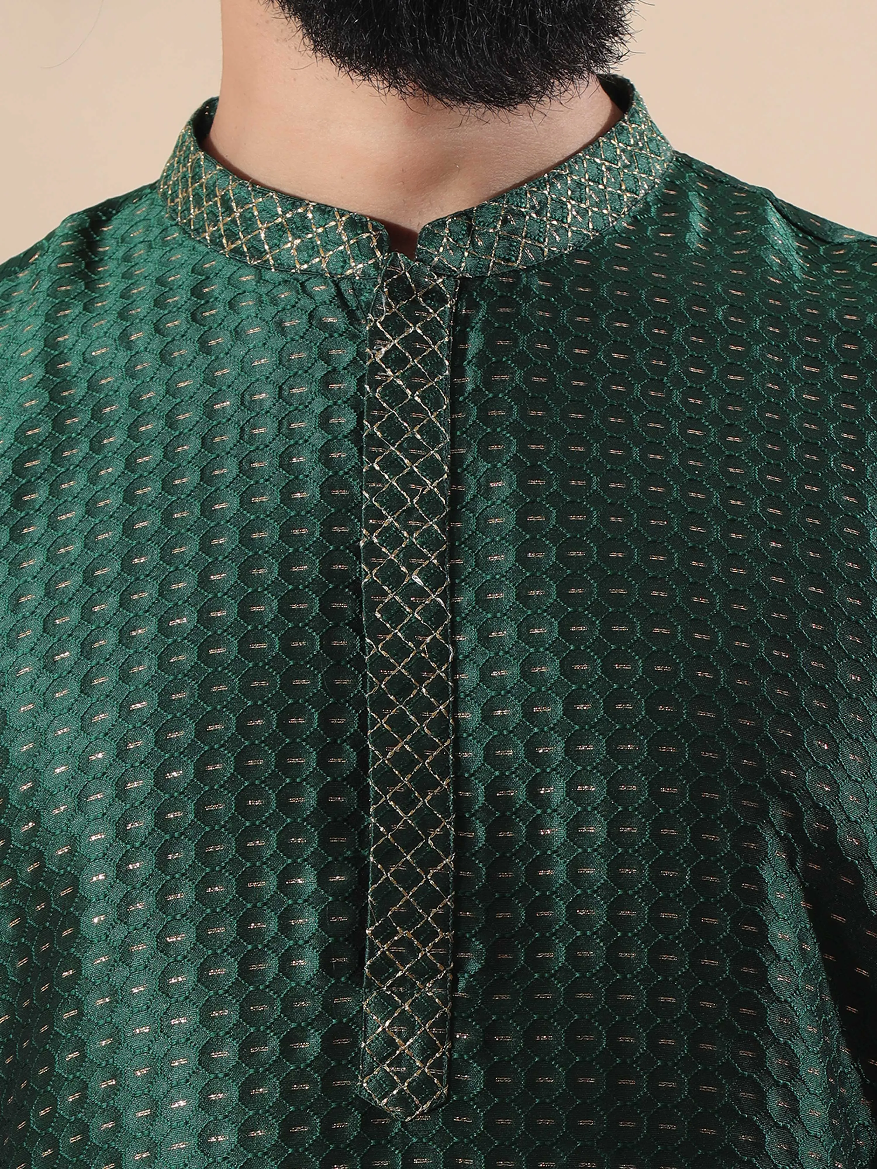 Bottle Green with Gold Embroidered Long Kurta
