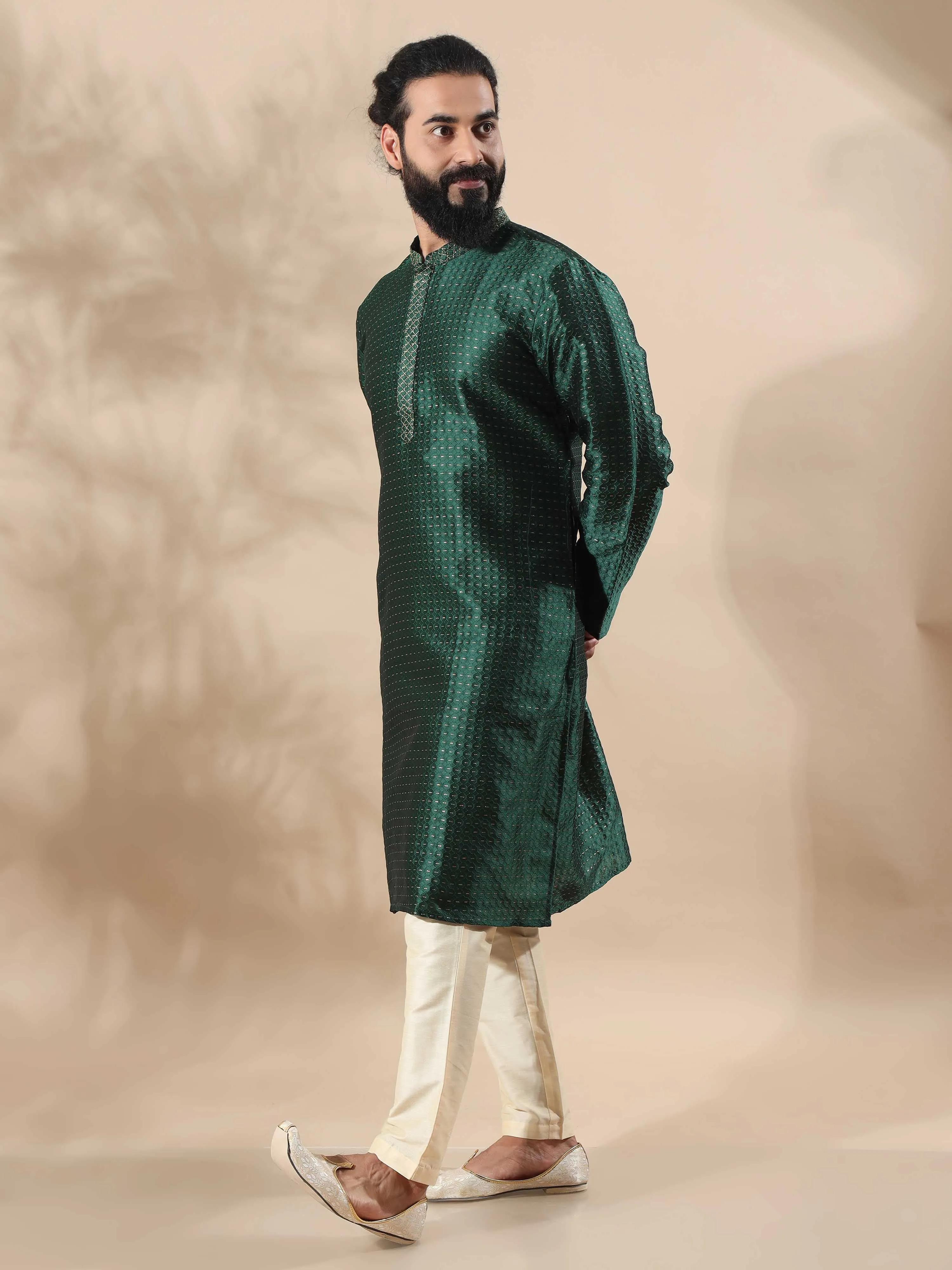 Bottle Green with Gold Embroidered Long Kurta