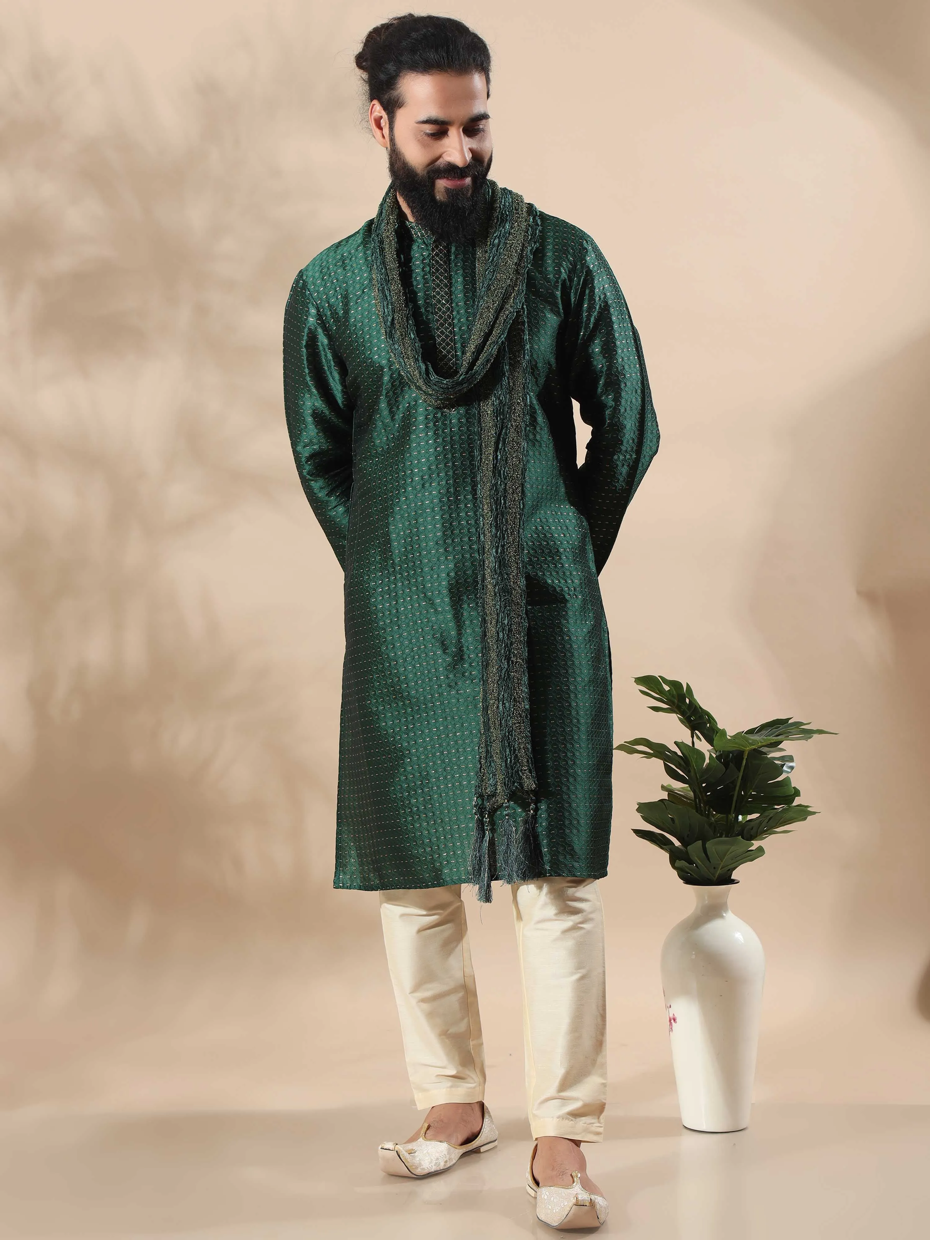 Bottle Green with Gold Embroidered Long Kurta