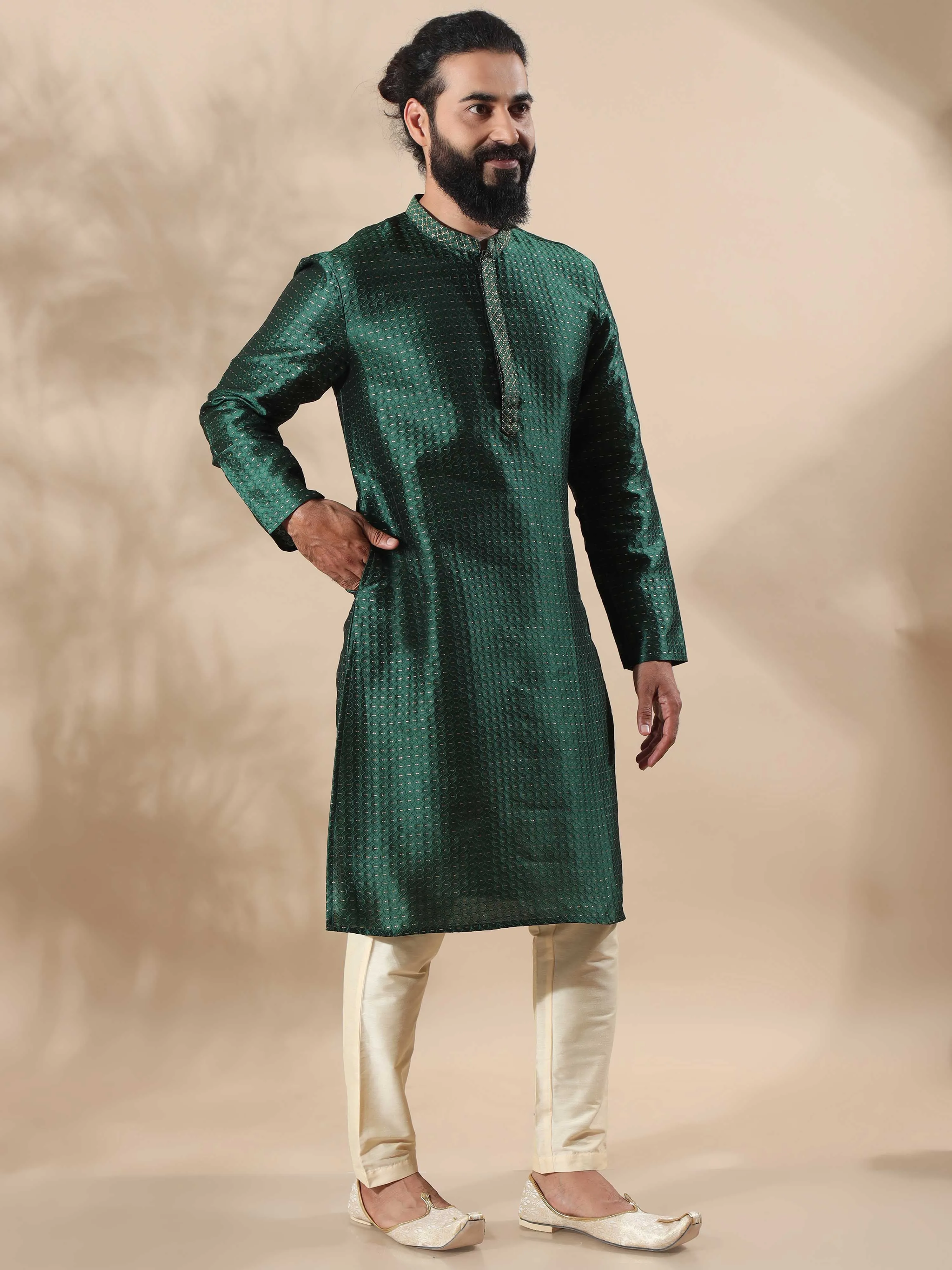 Bottle Green with Gold Embroidered Long Kurta