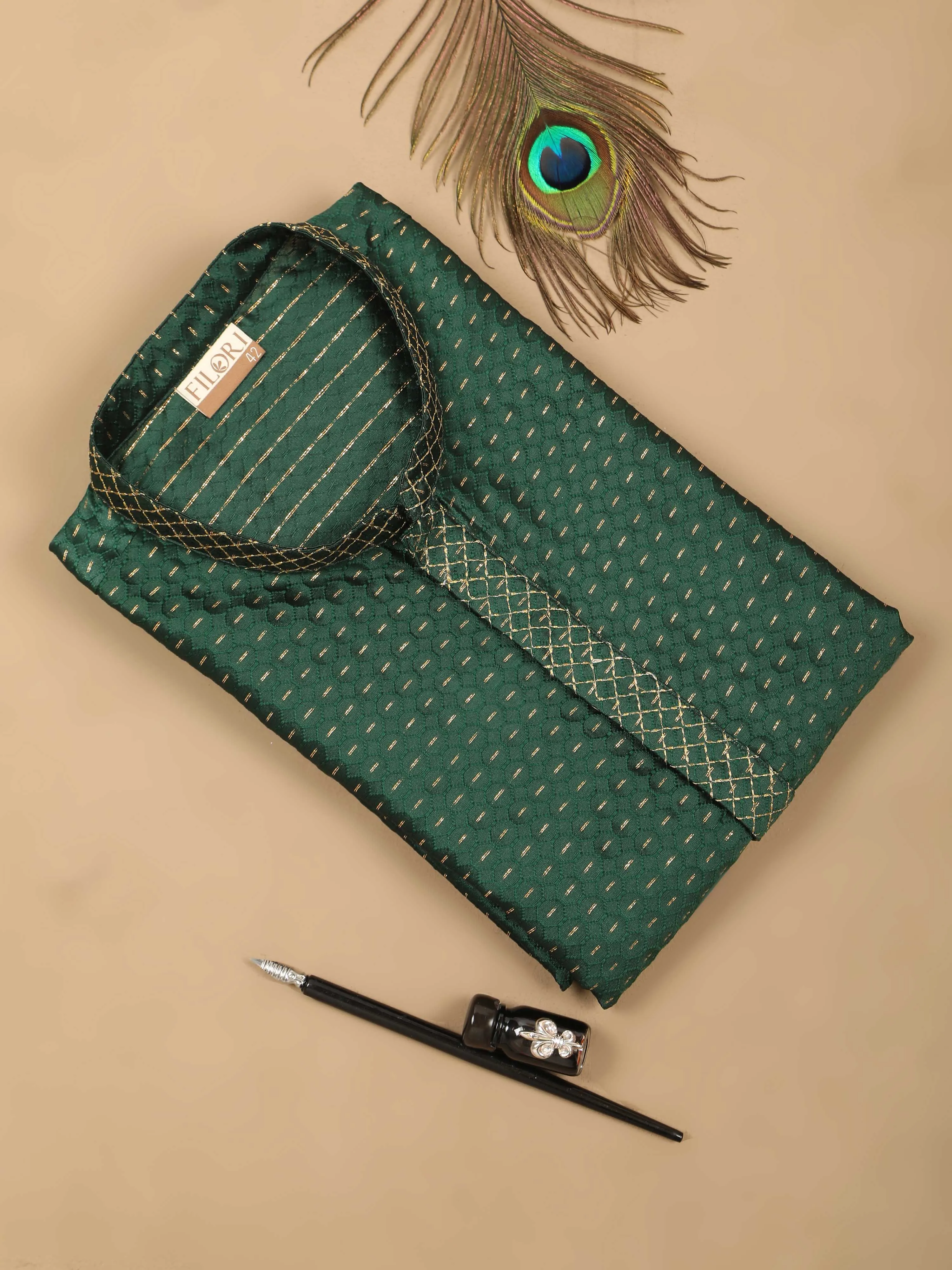 Bottle Green with Gold Embroidered Long Kurta