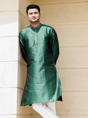 Bottle Green with Gold Embroidered Long Kurta