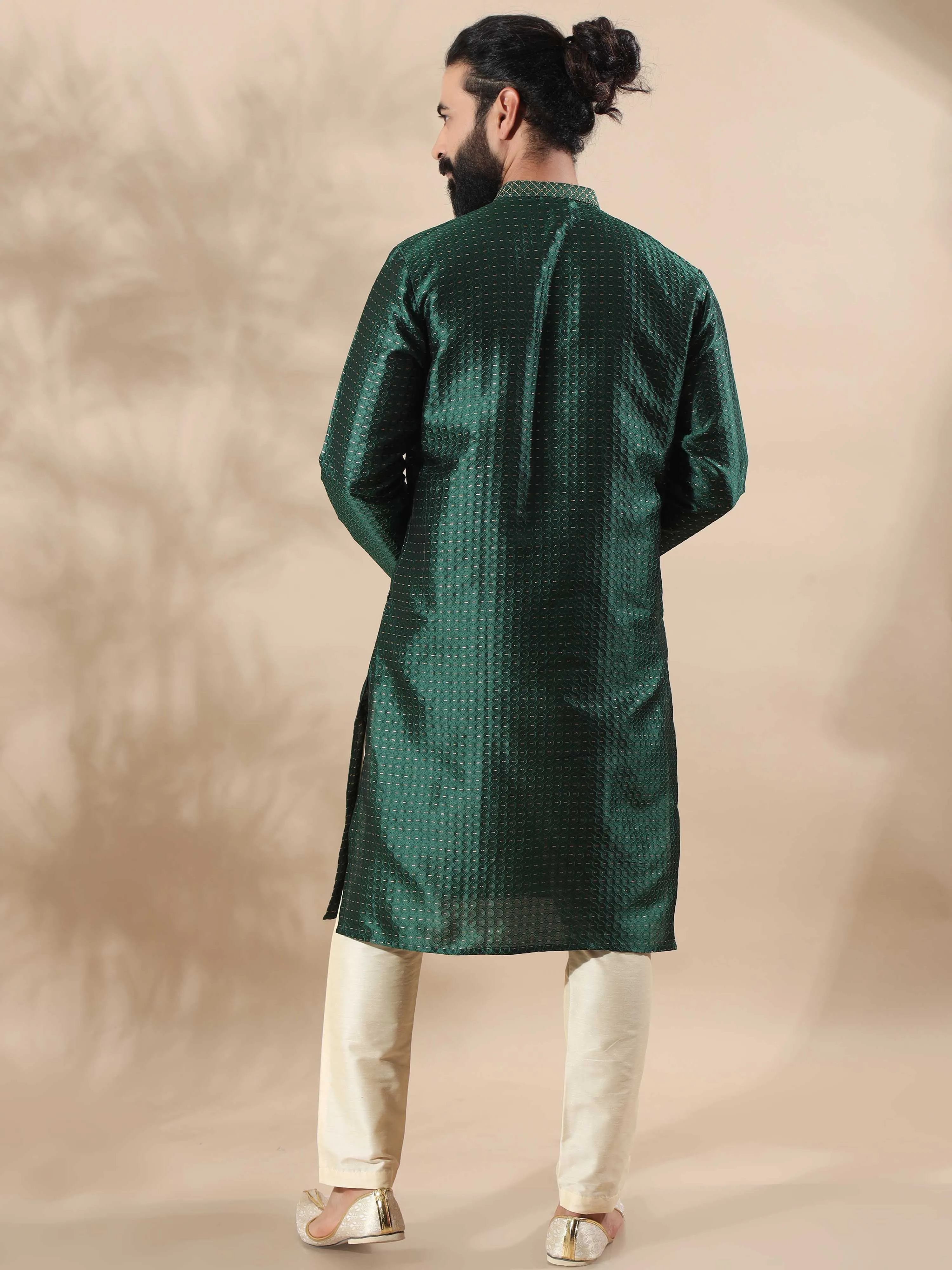 Bottle Green with Gold Embroidered Long Kurta