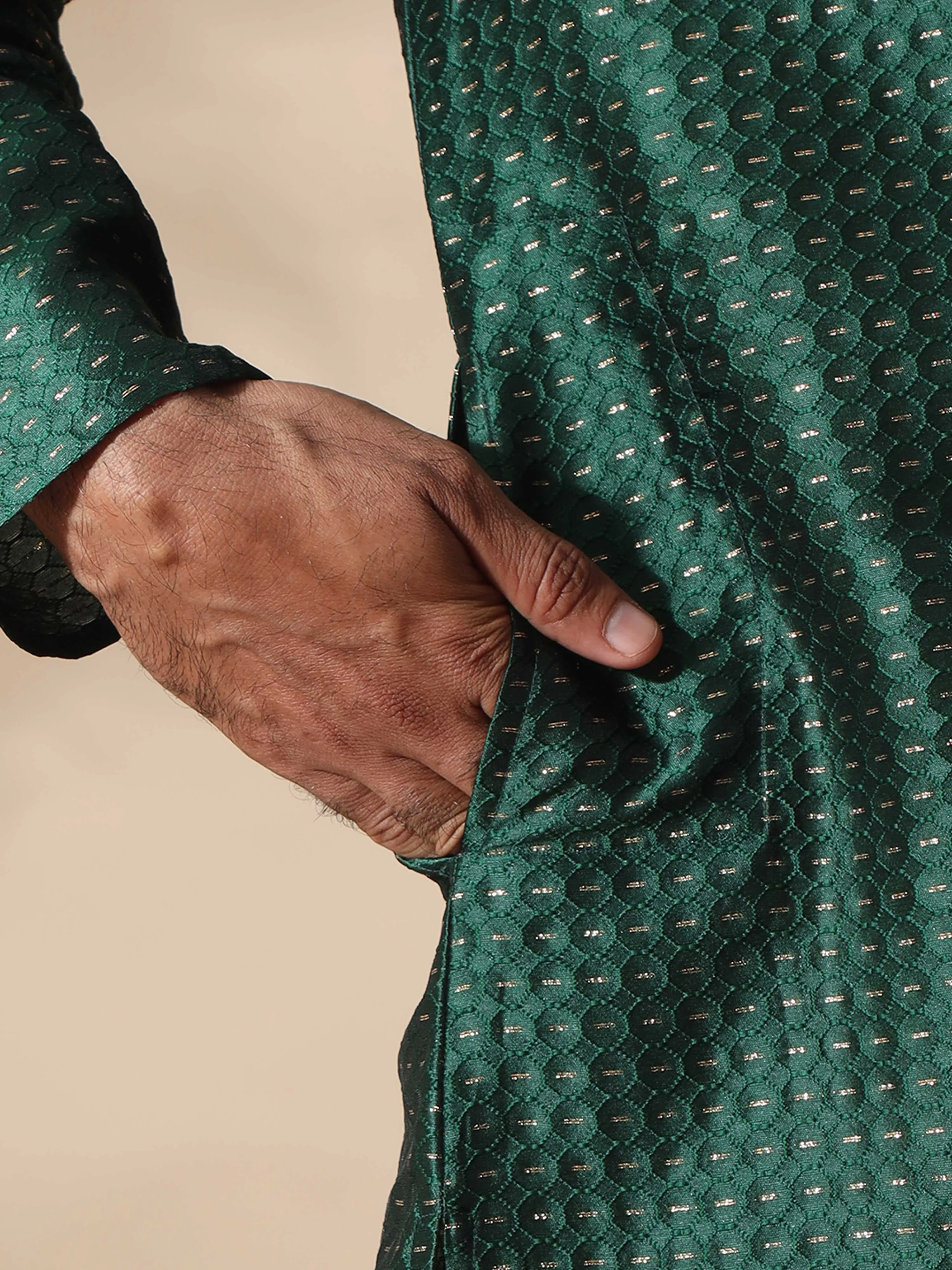 Bottle Green with Gold Embroidered Long Kurta