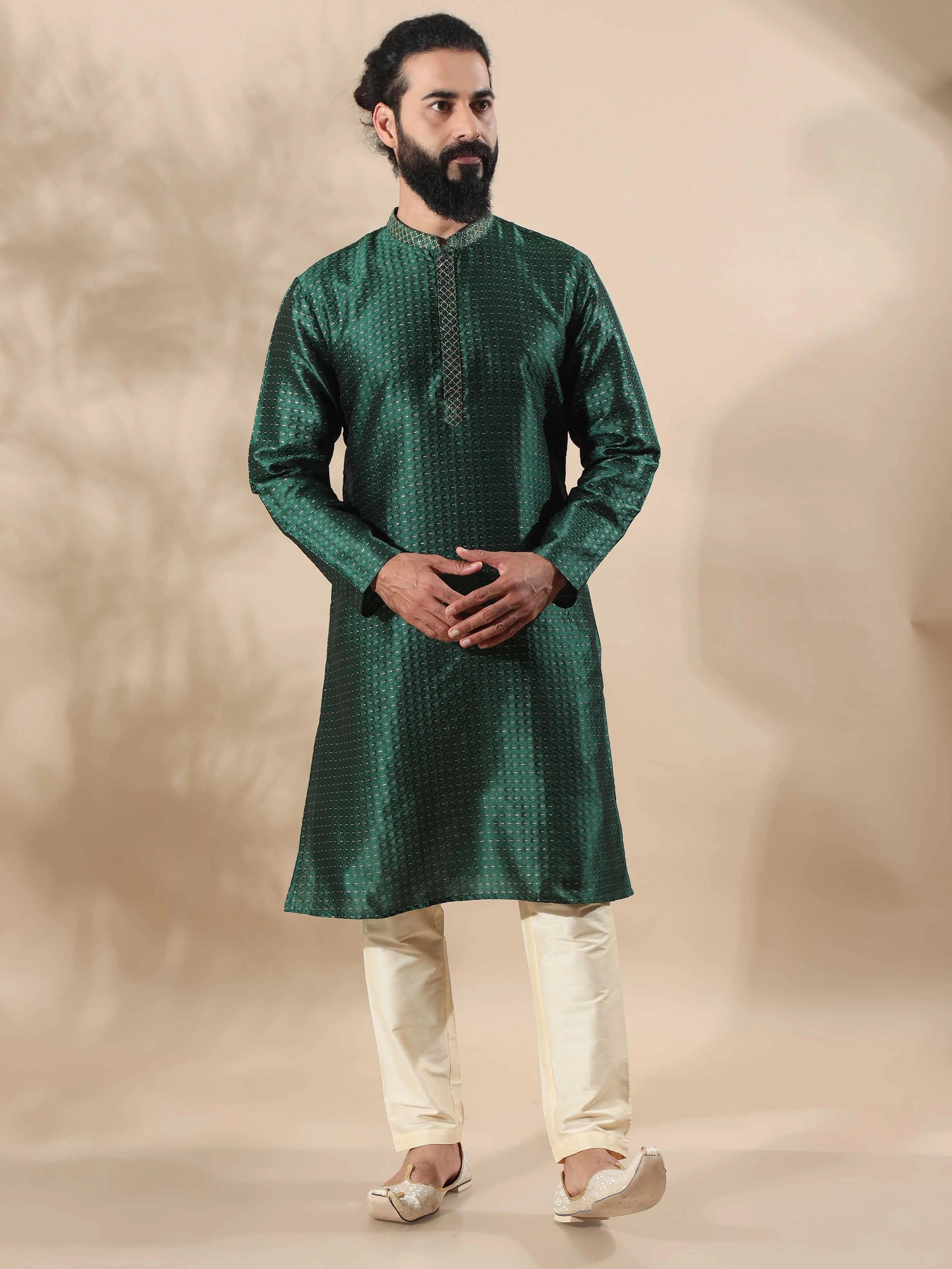 Bottle Green with Gold Embroidered Long Kurta