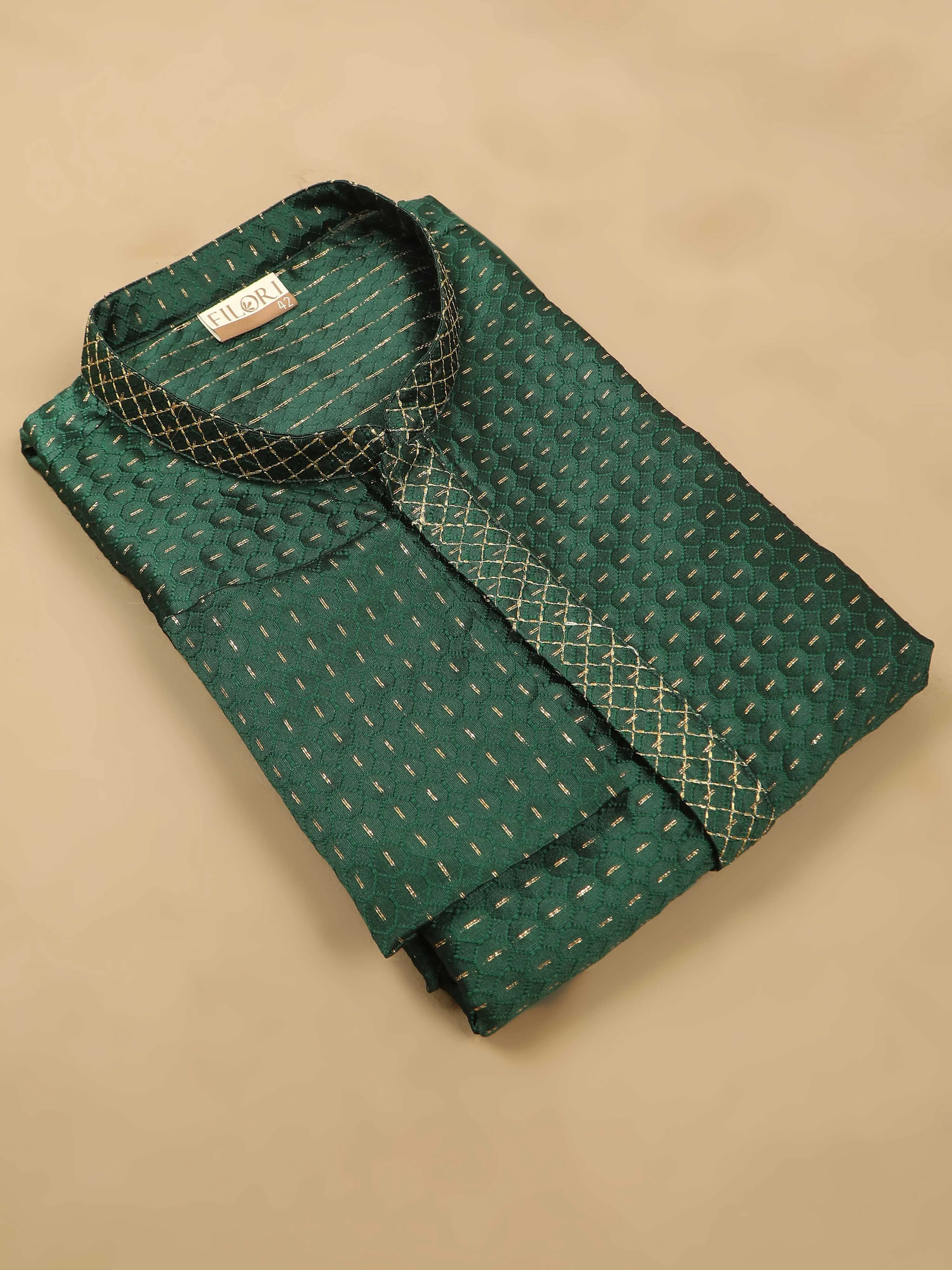 Bottle Green with Gold Embroidered Long Kurta