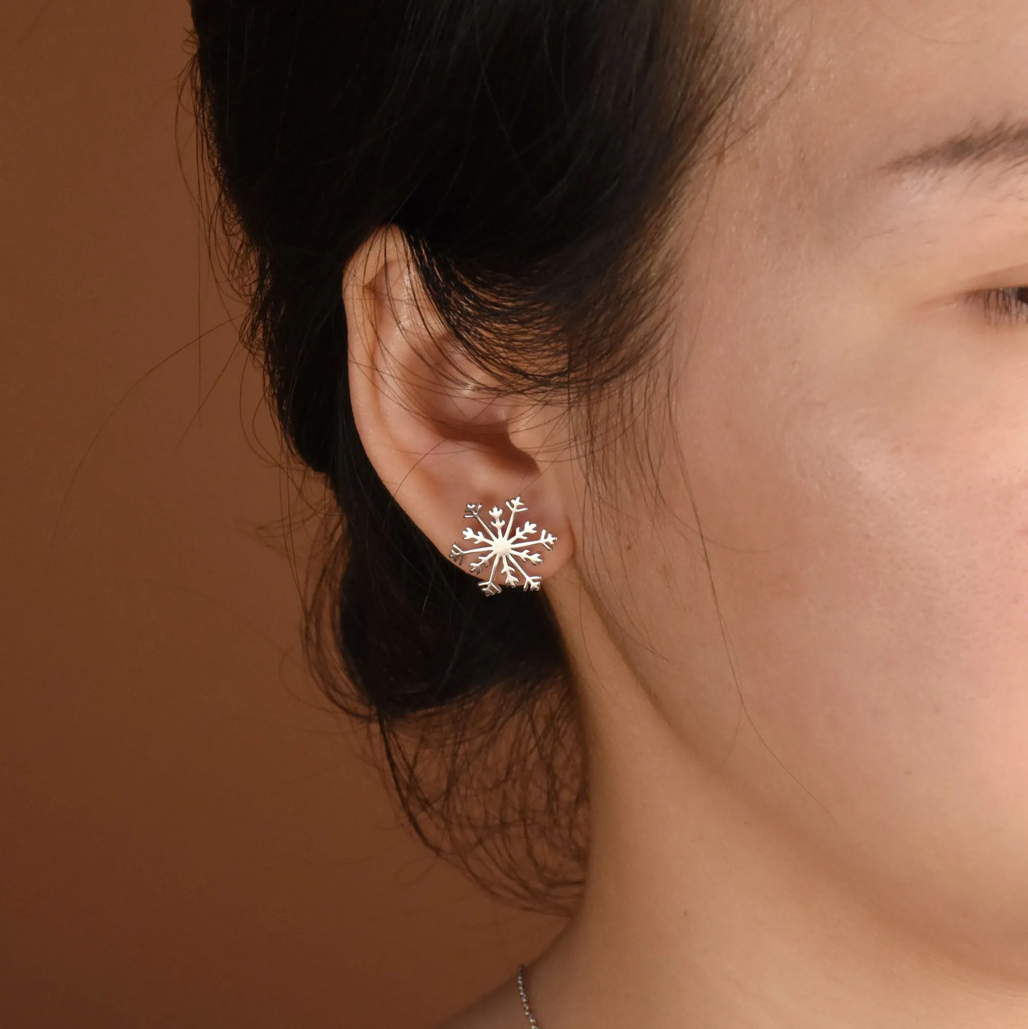 Classic Snowflake Stud Earrings in Polished Sterling Silver for Christmas Parties