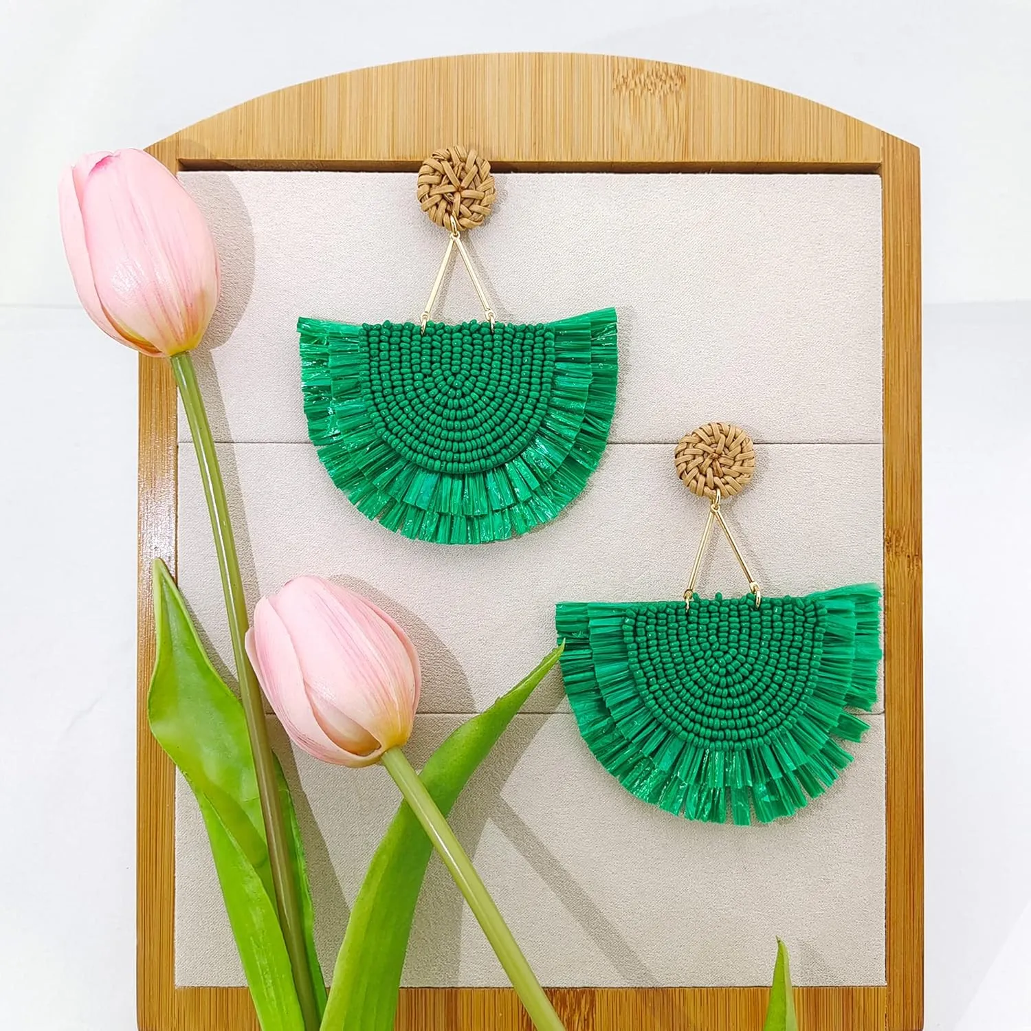 COIRIS Bohemia Beaded Fringe Statement Earrings with Long Dangling Tassel Raffia Earrings for Women