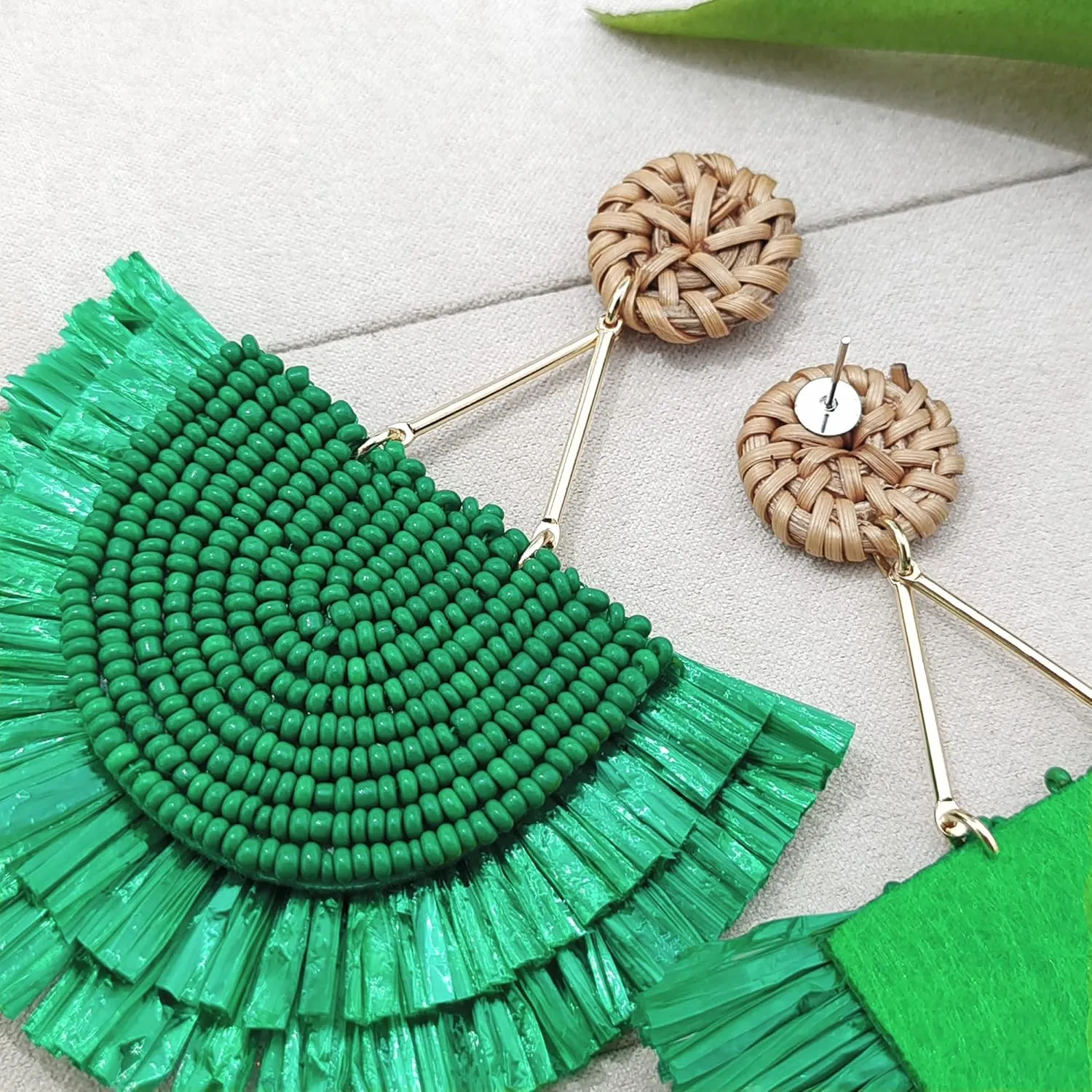 COIRIS Bohemia Beaded Fringe Statement Earrings with Long Dangling Tassel Raffia Earrings for Women