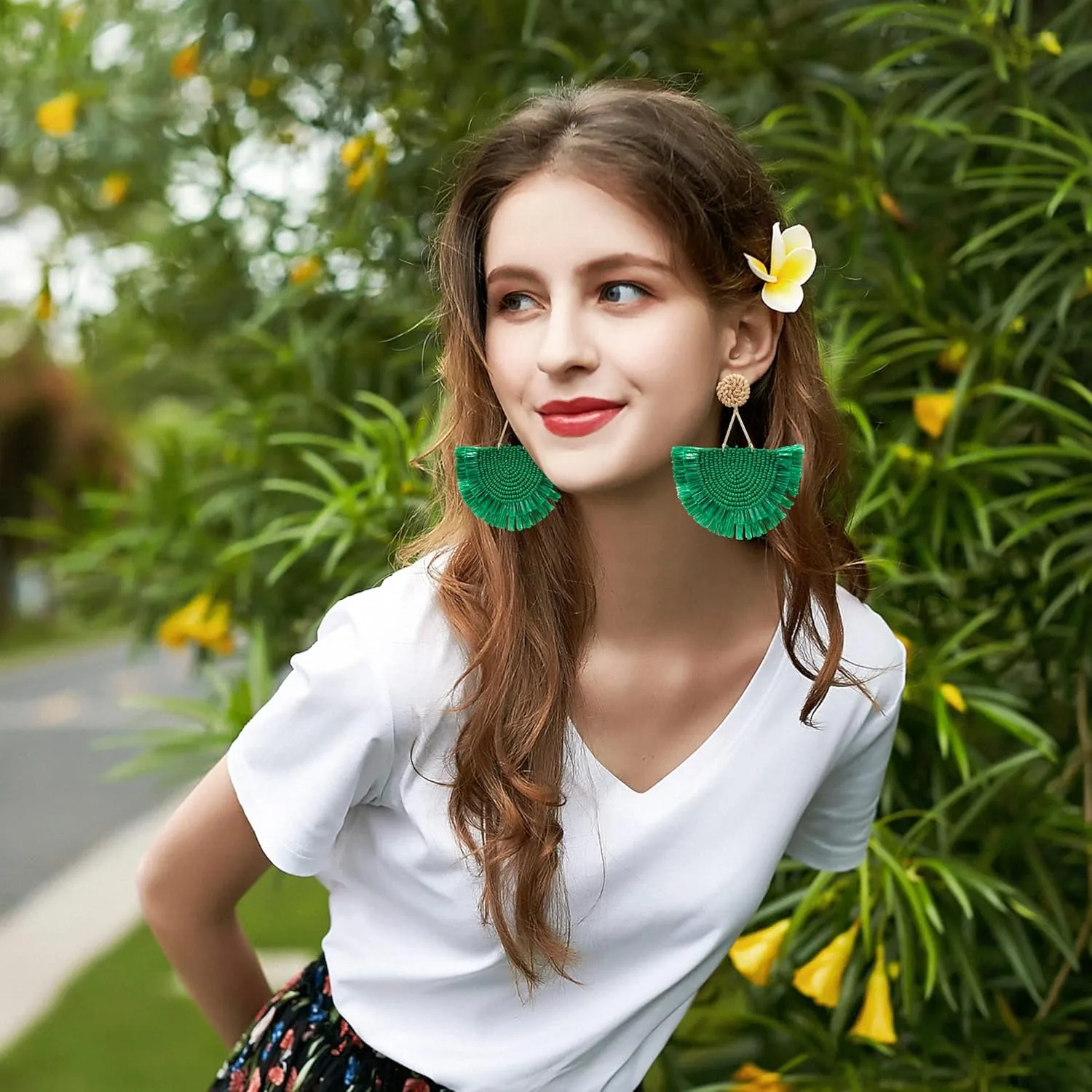 COIRIS Bohemia Beaded Fringe Statement Earrings with Long Dangling Tassel Raffia Earrings for Women