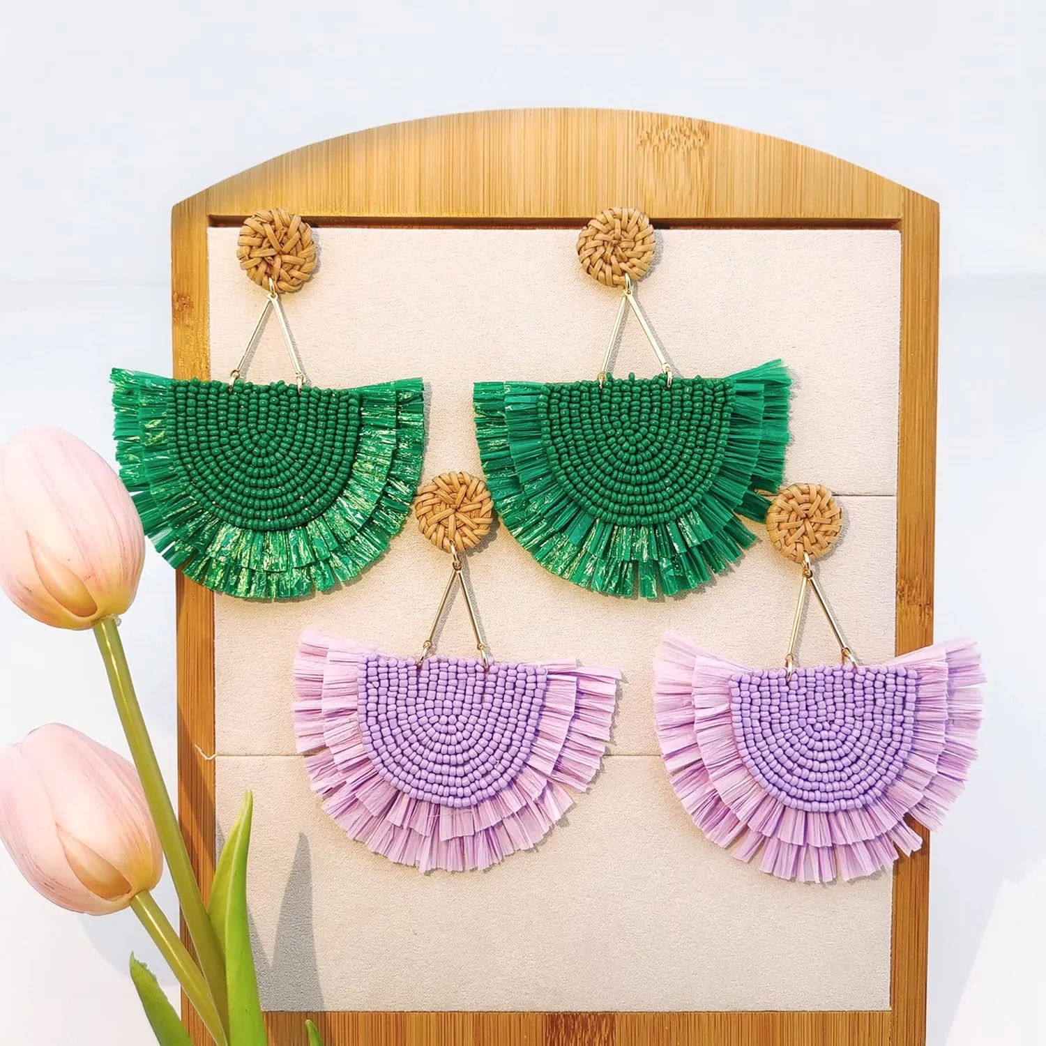 COIRIS Bohemia Beaded Fringe Statement Earrings with Long Dangling Tassel Raffia Earrings for Women