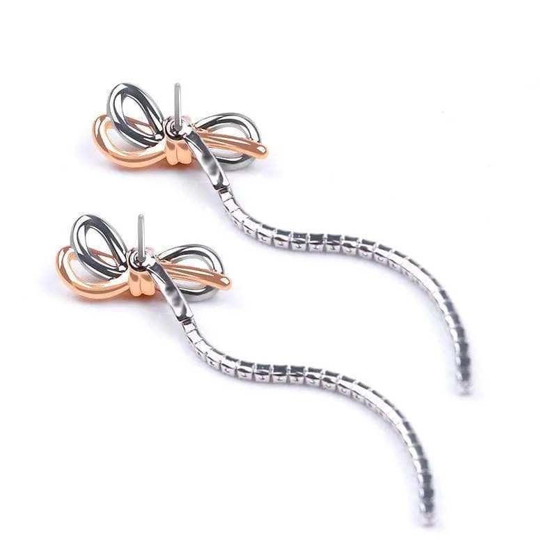 Created Diamond Bow Tassel Temperamental Long Earrings
