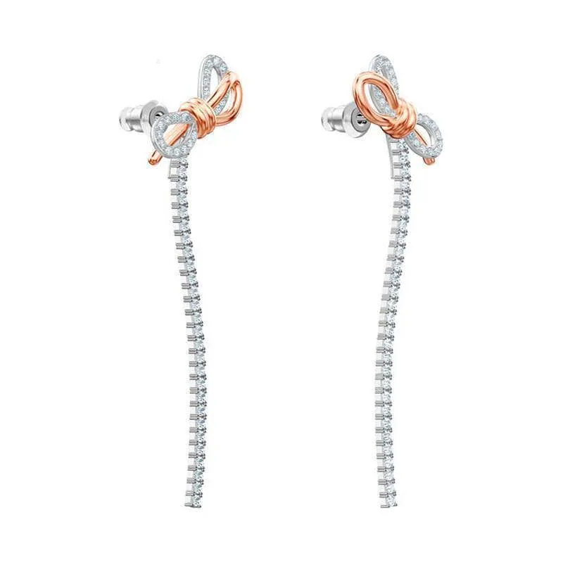 Created Diamond Bow Tassel Temperamental Long Earrings