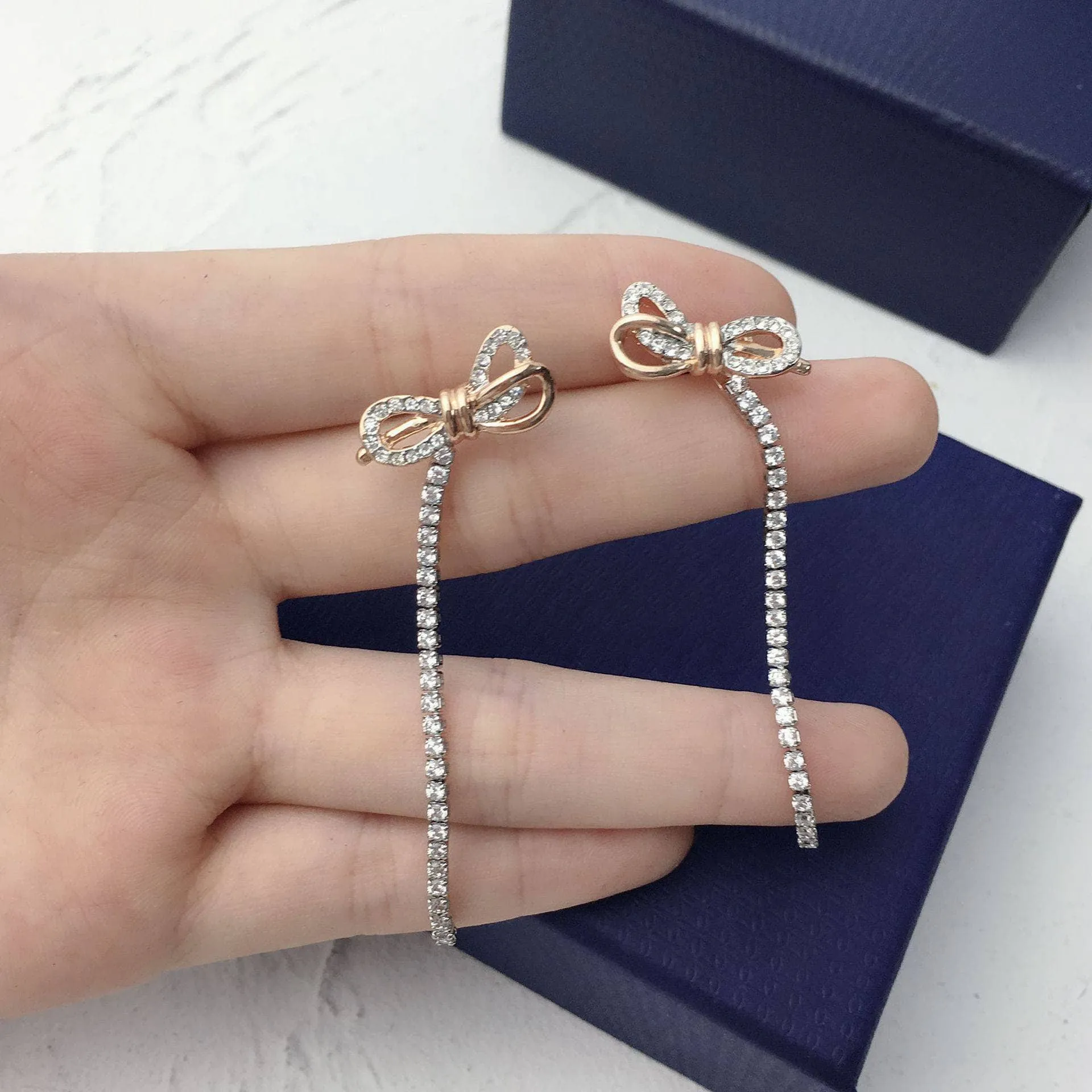 Created Diamond Bow Tassel Temperamental Long Earrings