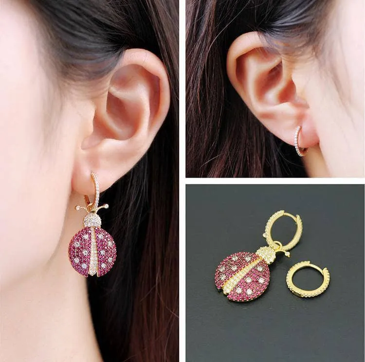 Created Diamond Ladybird Shape Asymmetric Earrings