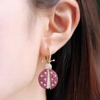 Created Diamond Ladybird Shape Asymmetric Earrings