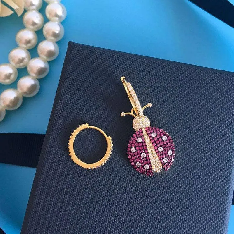 Created Diamond Ladybird Shape Asymmetric Earrings
