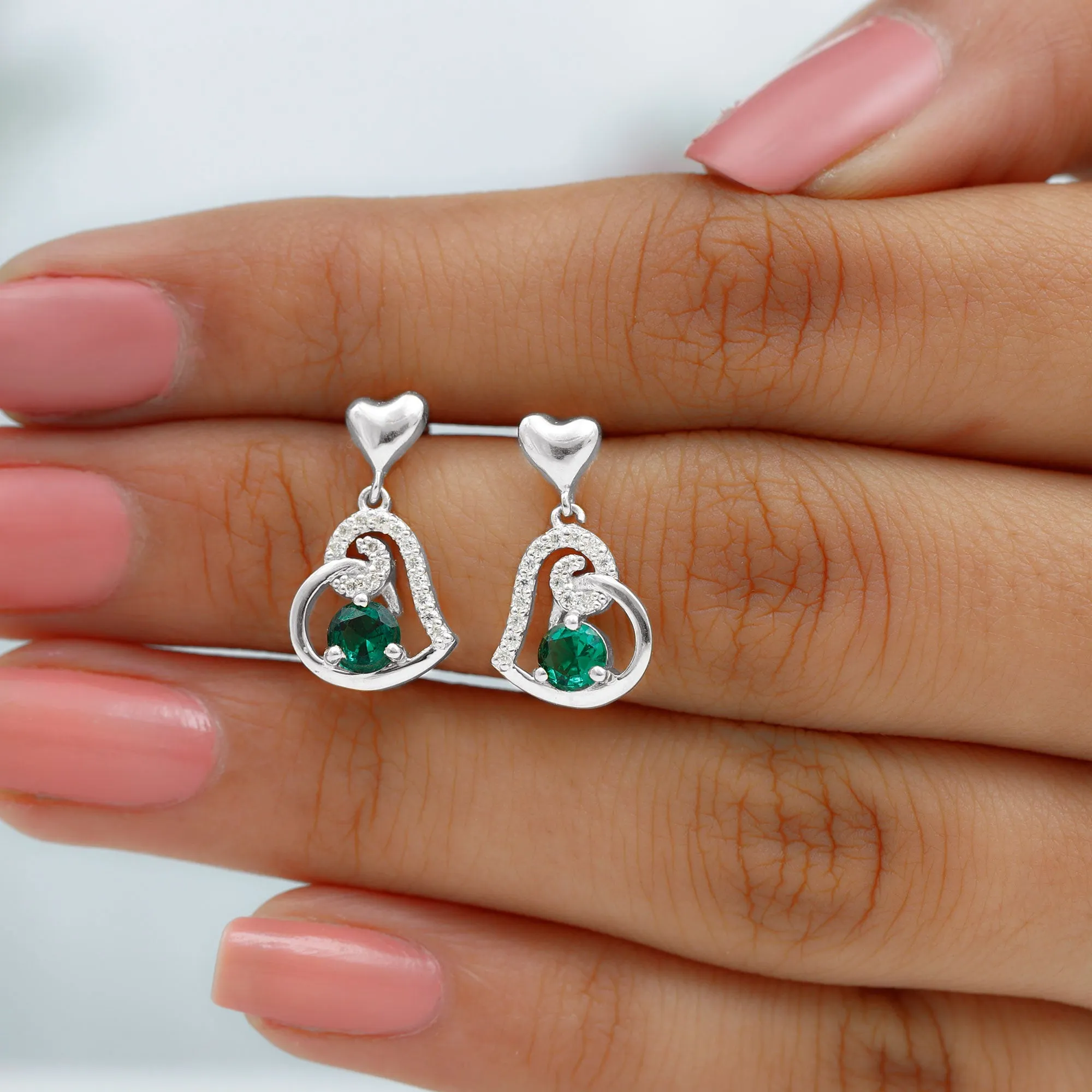 Created Emerald Heart Drop Earrings with Diamond Accent