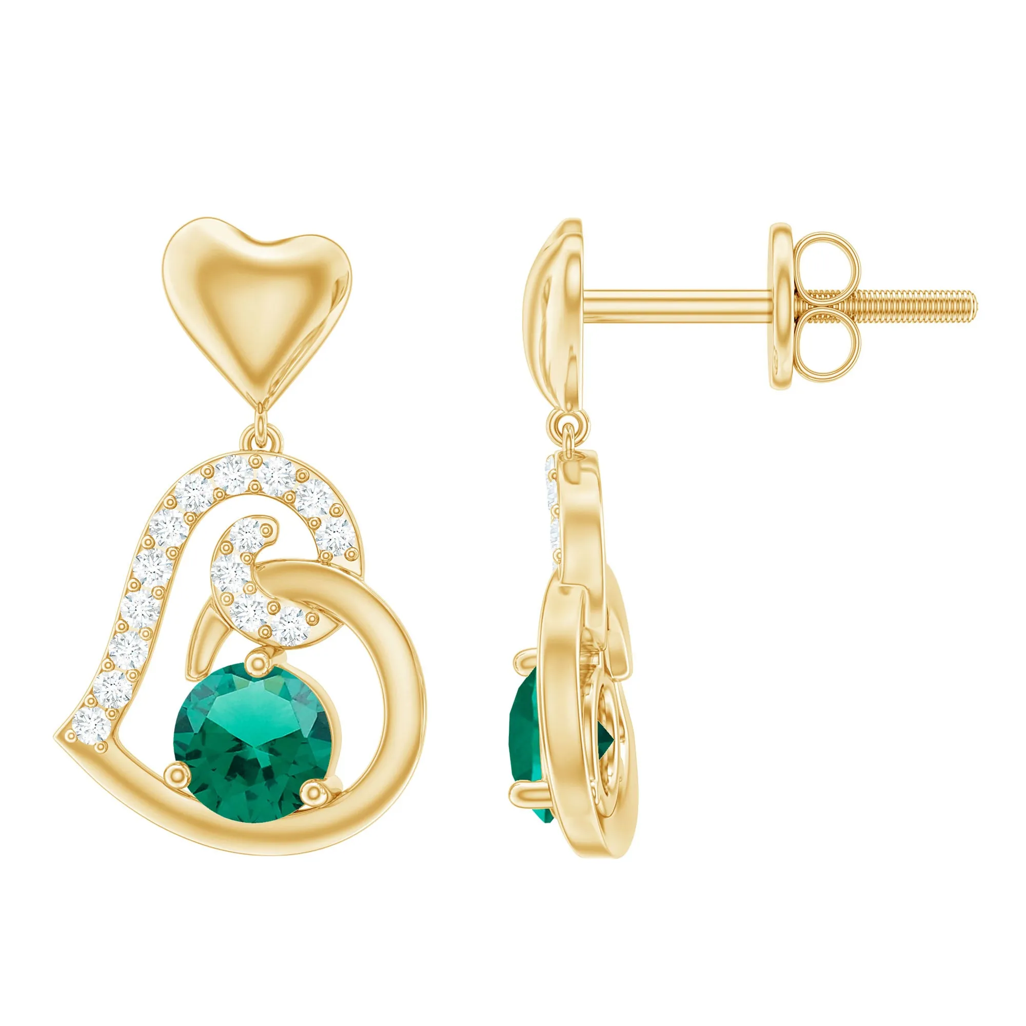 Created Emerald Heart Drop Earrings with Diamond Accent