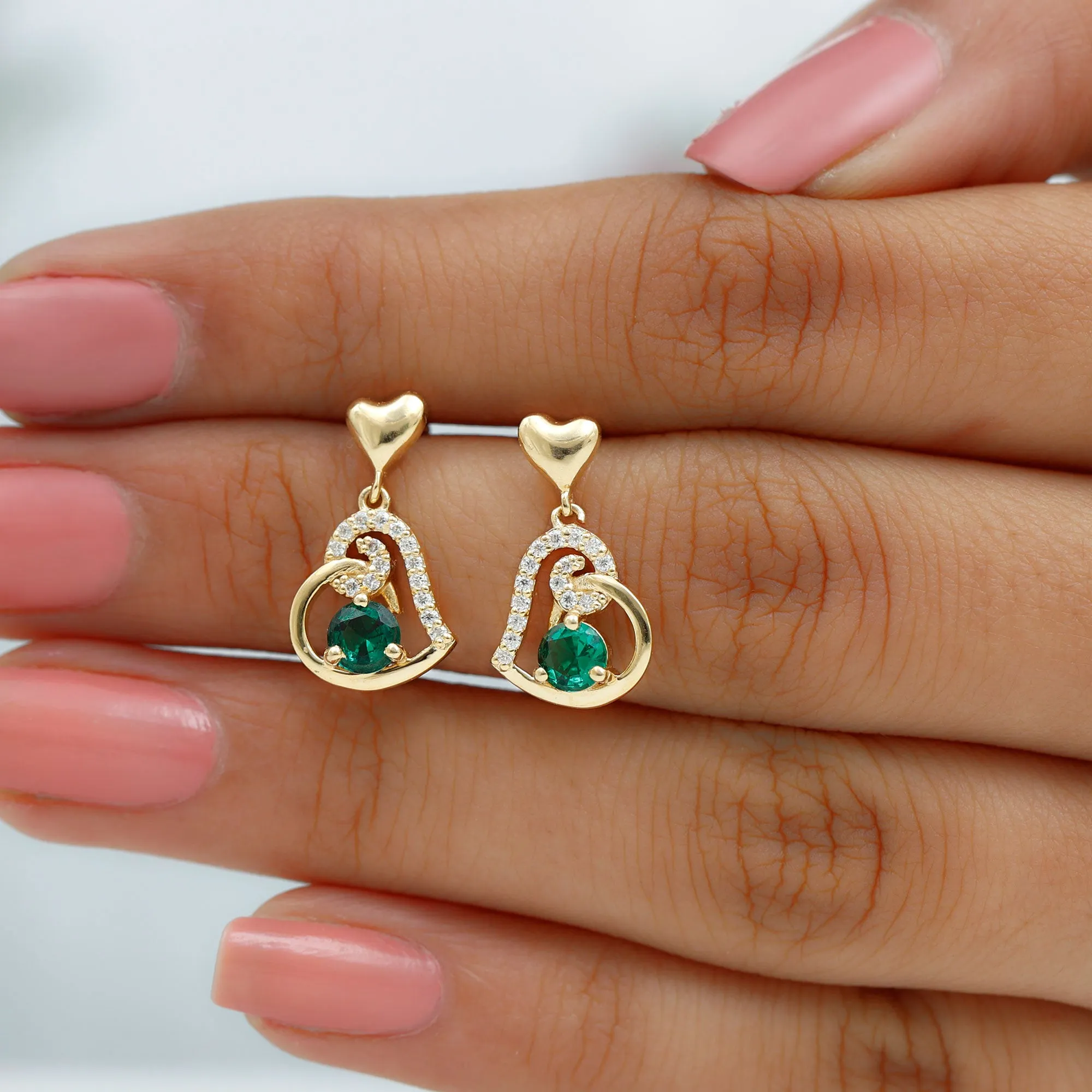 Created Emerald Heart Drop Earrings with Diamond Accent
