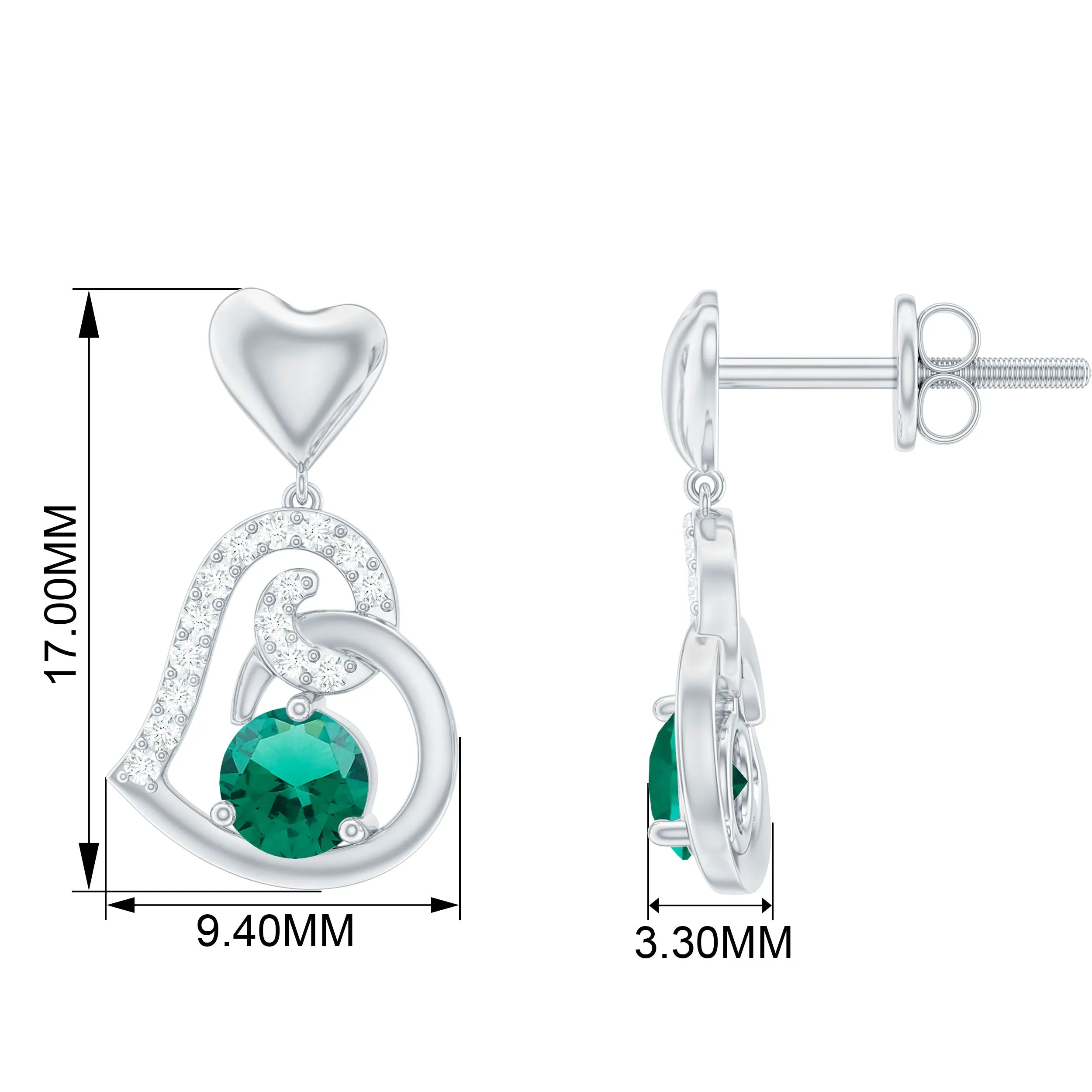 Created Emerald Heart Drop Earrings with Diamond Accent