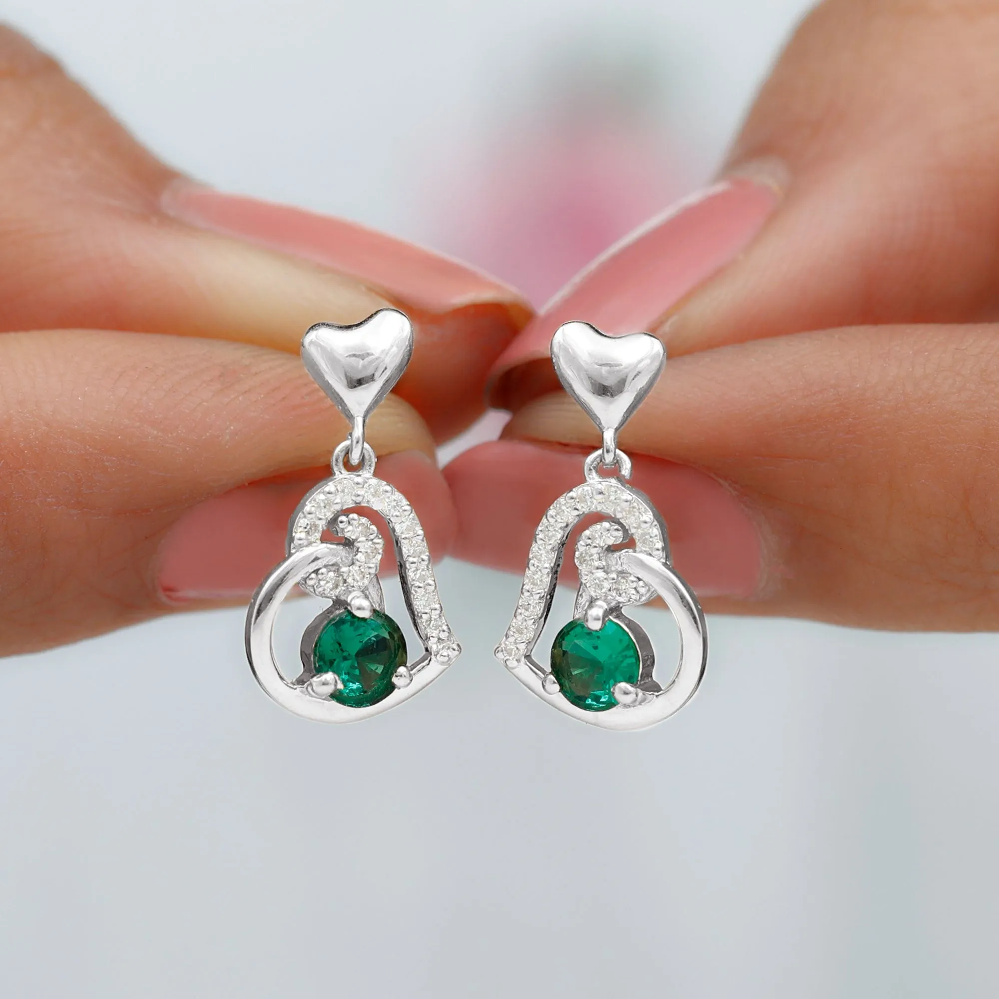Created Emerald Heart Drop Earrings with Diamond Accent