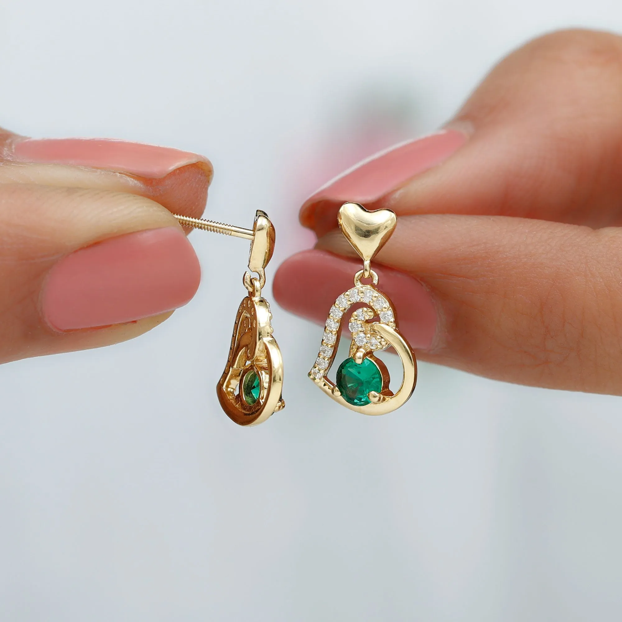 Created Emerald Heart Drop Earrings with Diamond Accent