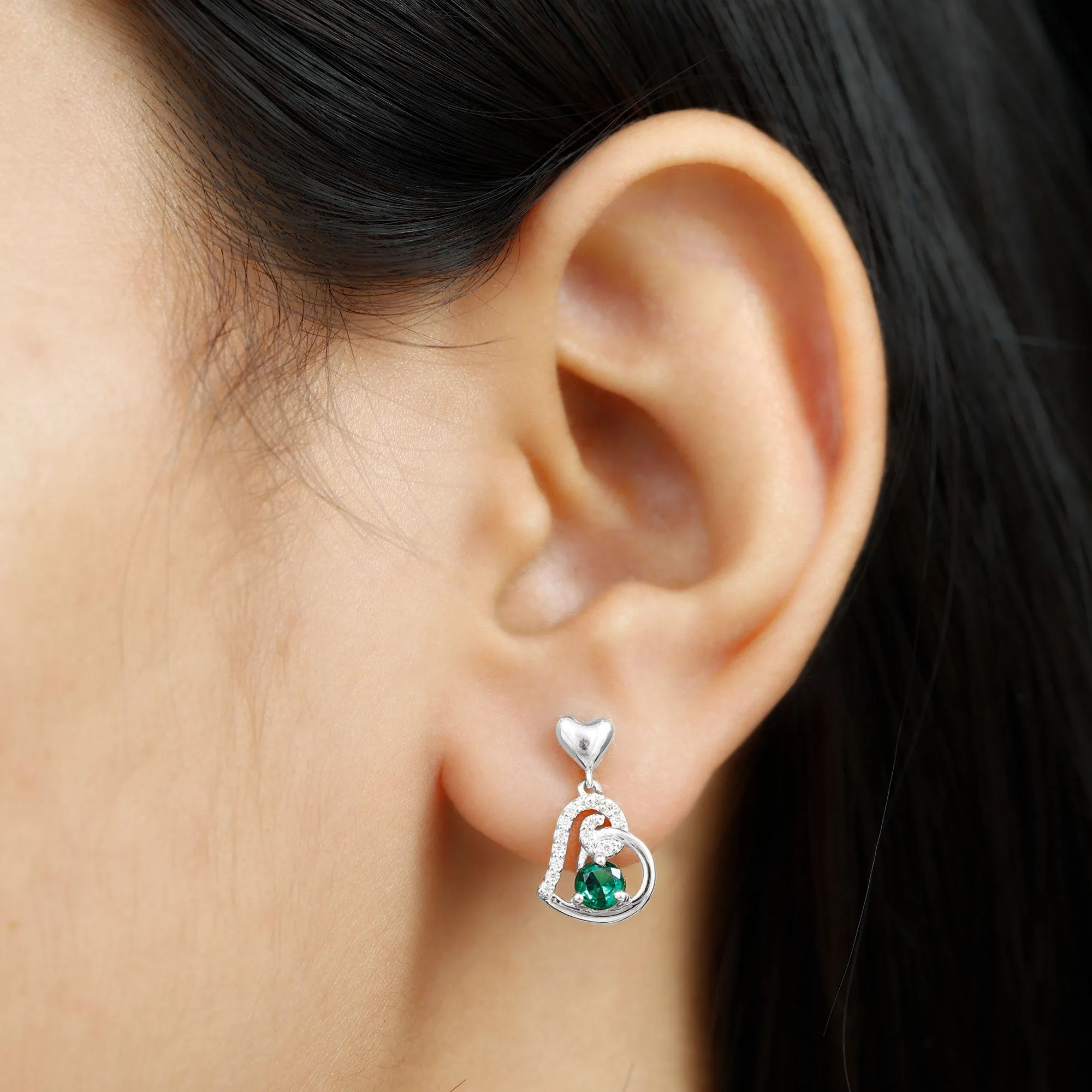 Created Emerald Heart Drop Earrings with Diamond Accent