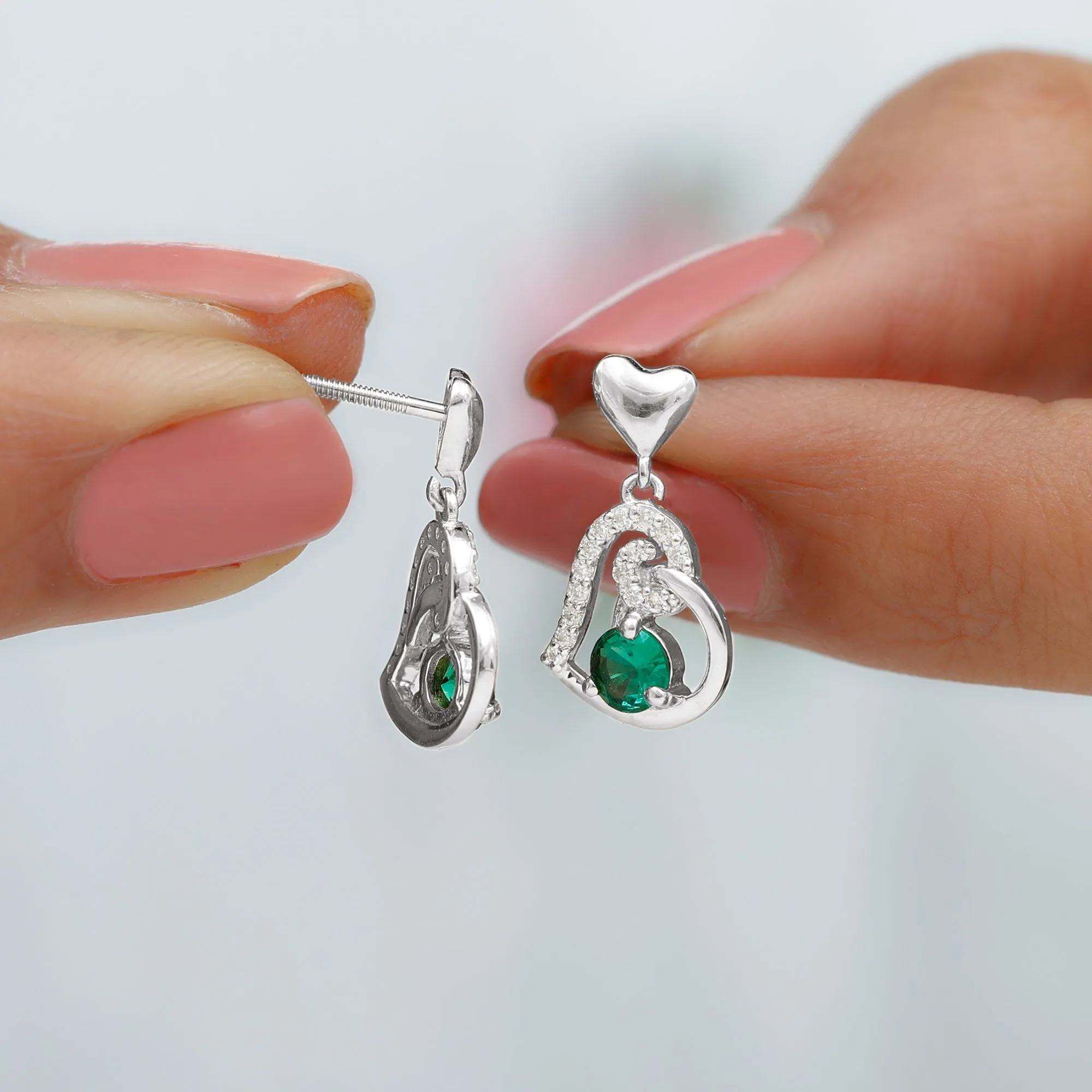 Created Emerald Heart Drop Earrings with Diamond Accent