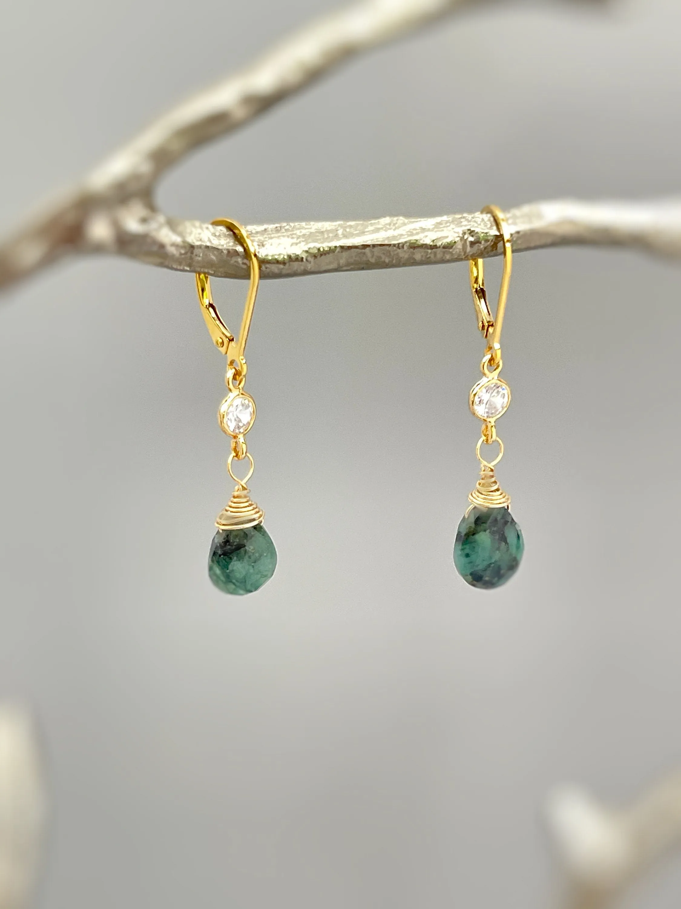Dainty Raw Emerald earrings dangle gold leverback