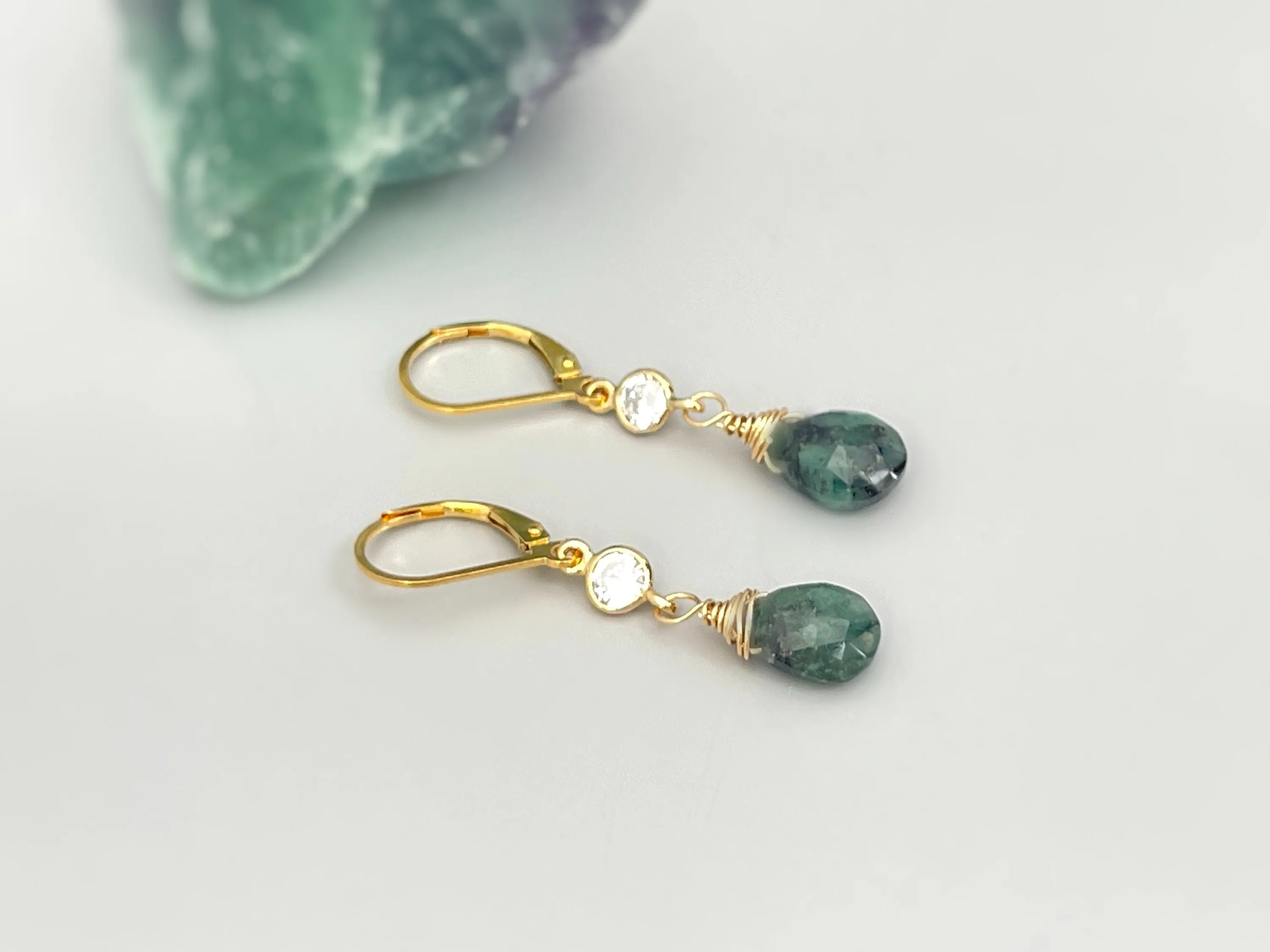 Dainty Raw Emerald earrings dangle gold leverback