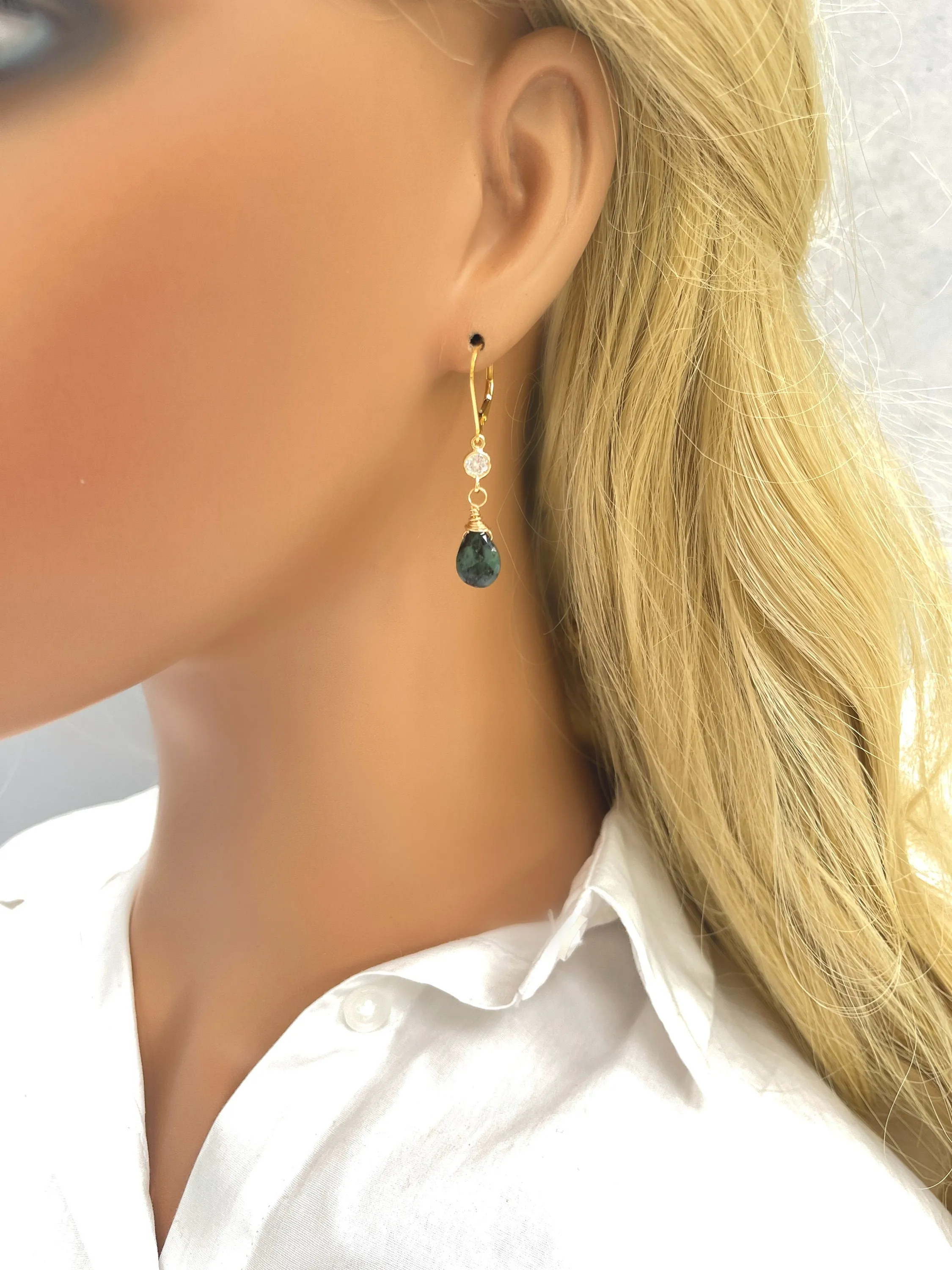 Dainty Raw Emerald earrings dangle gold leverback