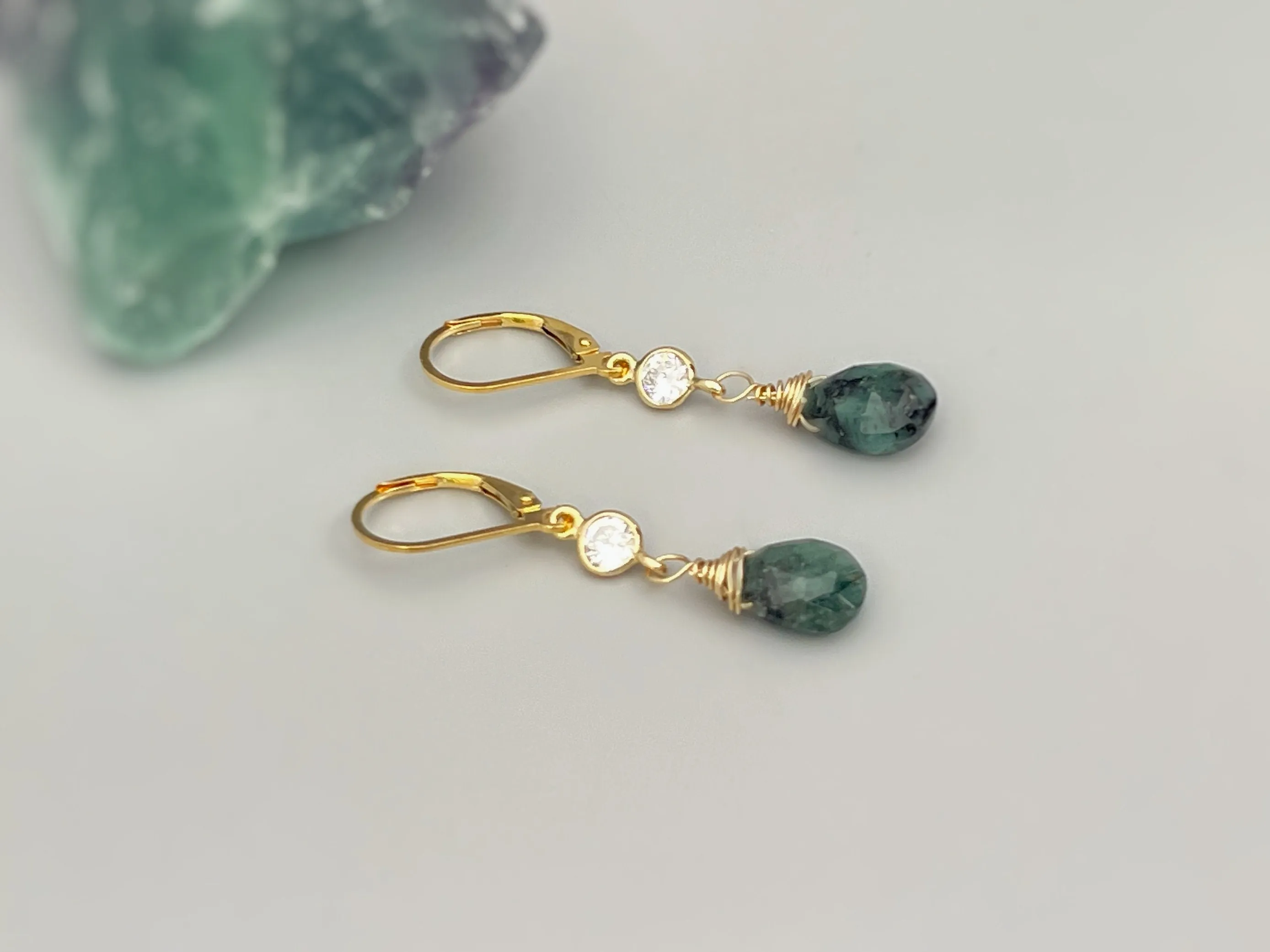Dainty Raw Emerald earrings dangle gold leverback