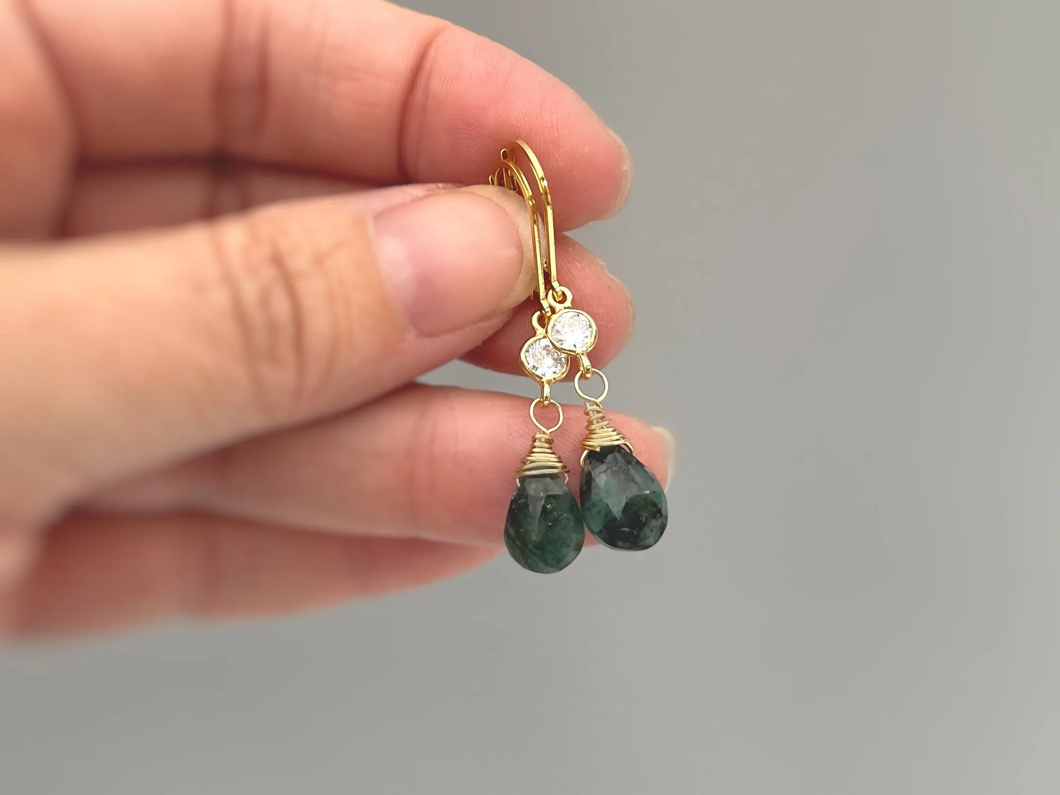 Dainty Raw Emerald earrings dangle gold leverback