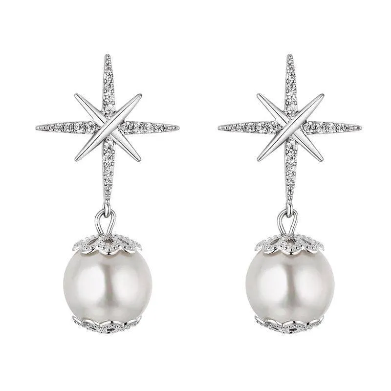 Diamond Hexagram Exquisite Pearl Earrings