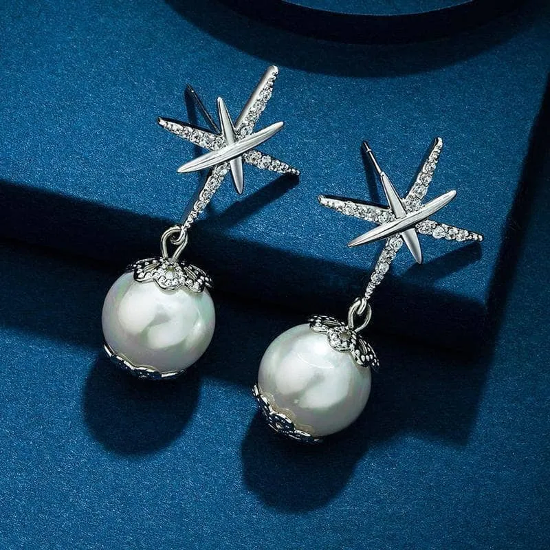 Diamond Hexagram Exquisite Pearl Earrings