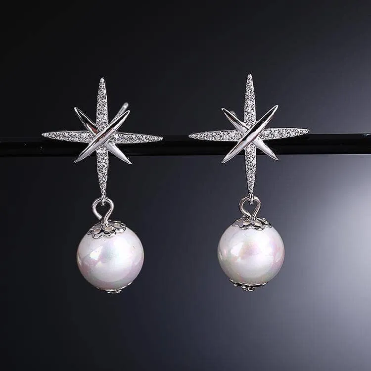 Diamond Hexagram Exquisite Pearl Earrings