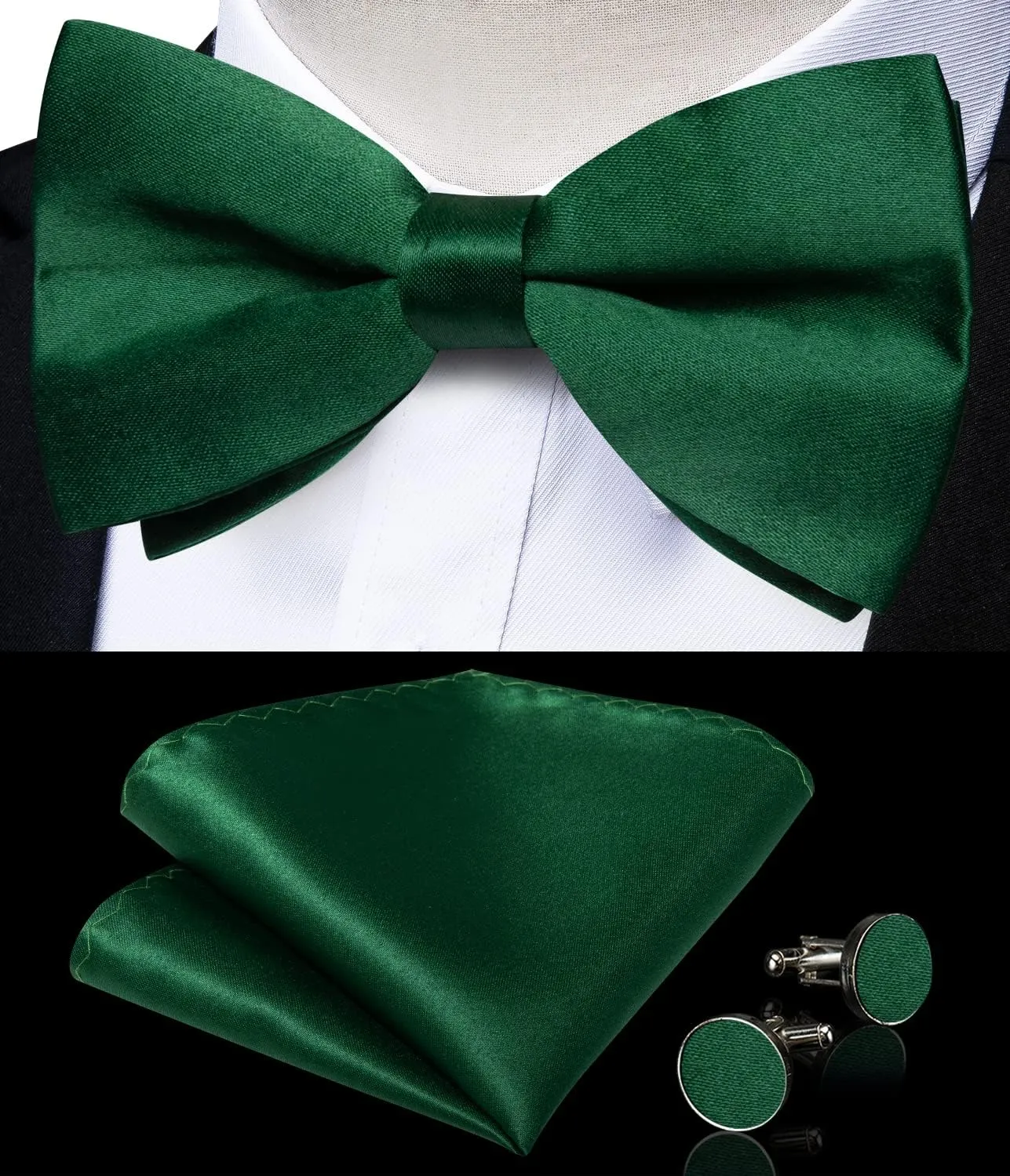 DiBanGu Mens Satin Pre-tied Bowtie Shiny Solid Bow Tie and Pocket Square Cufflinks Lapel Pin Set for Tuxedo Wedding Party