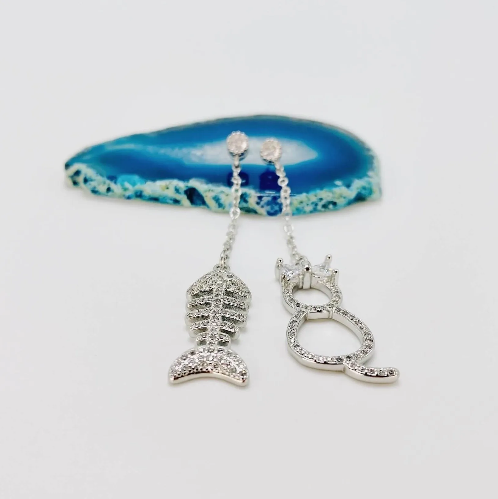 Elegant Cat & Fishbone Drop Earrings