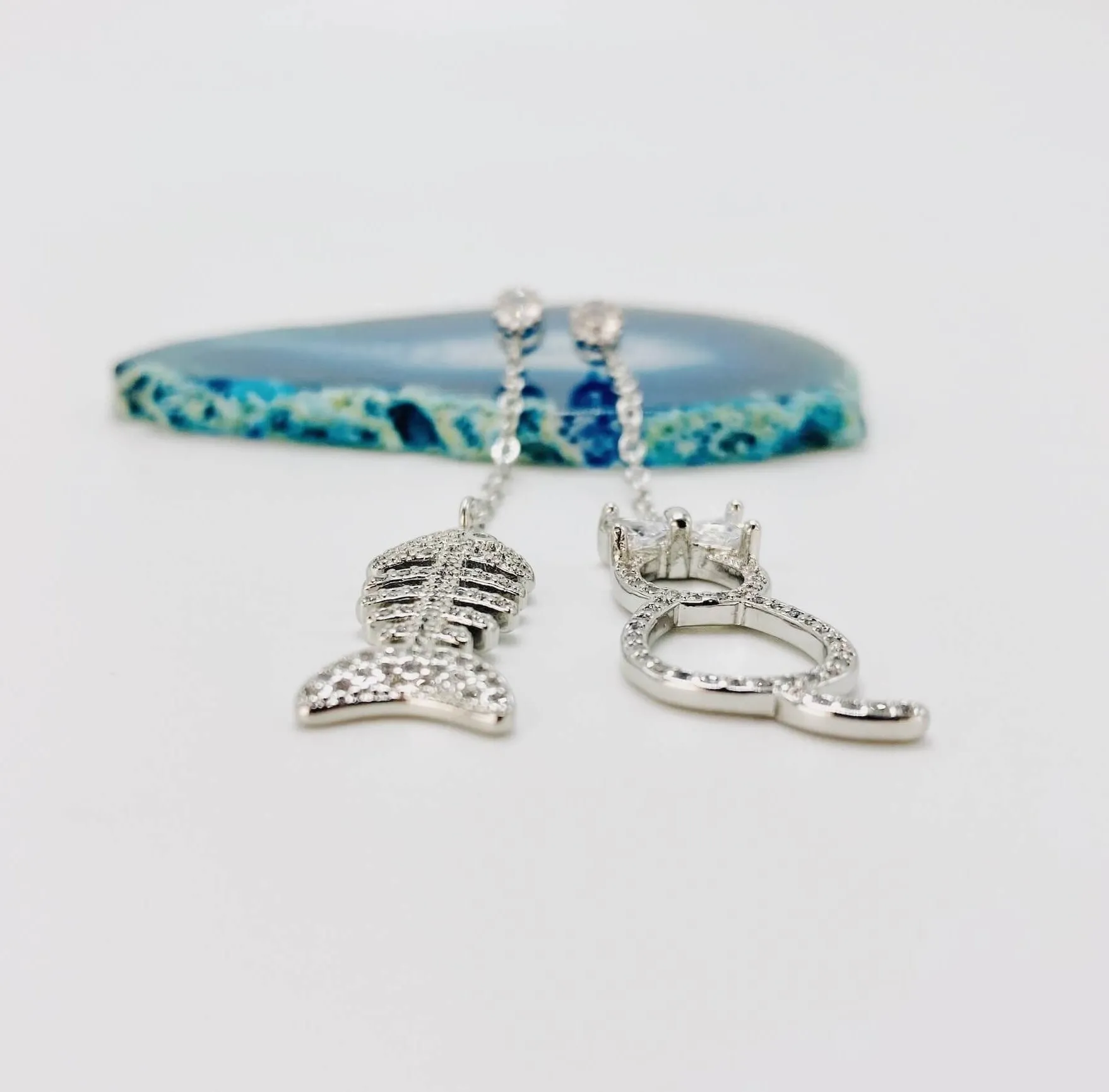 Elegant Cat & Fishbone Drop Earrings