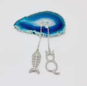 Elegant Cat & Fishbone Drop Earrings