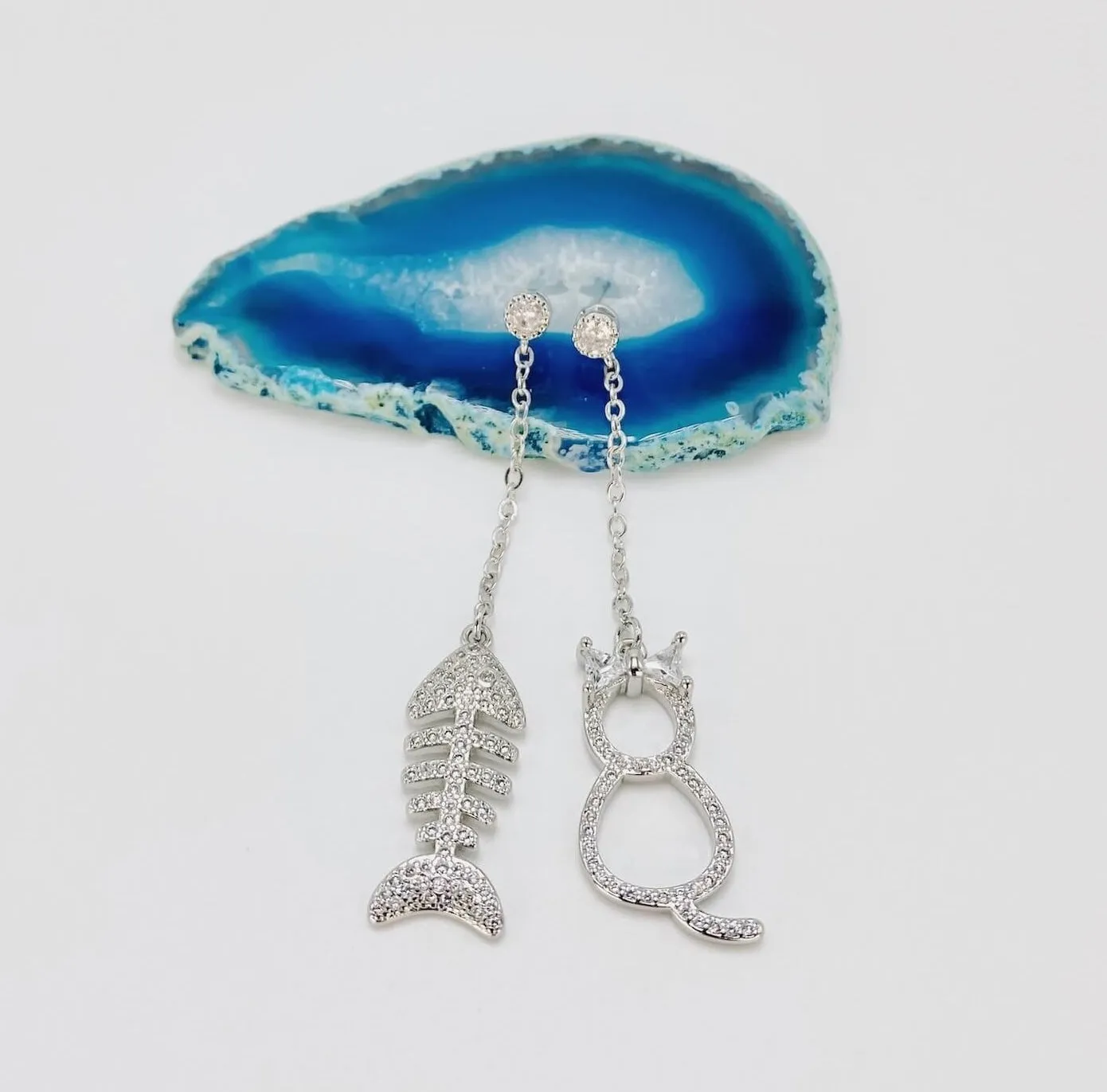 Elegant Cat & Fishbone Drop Earrings